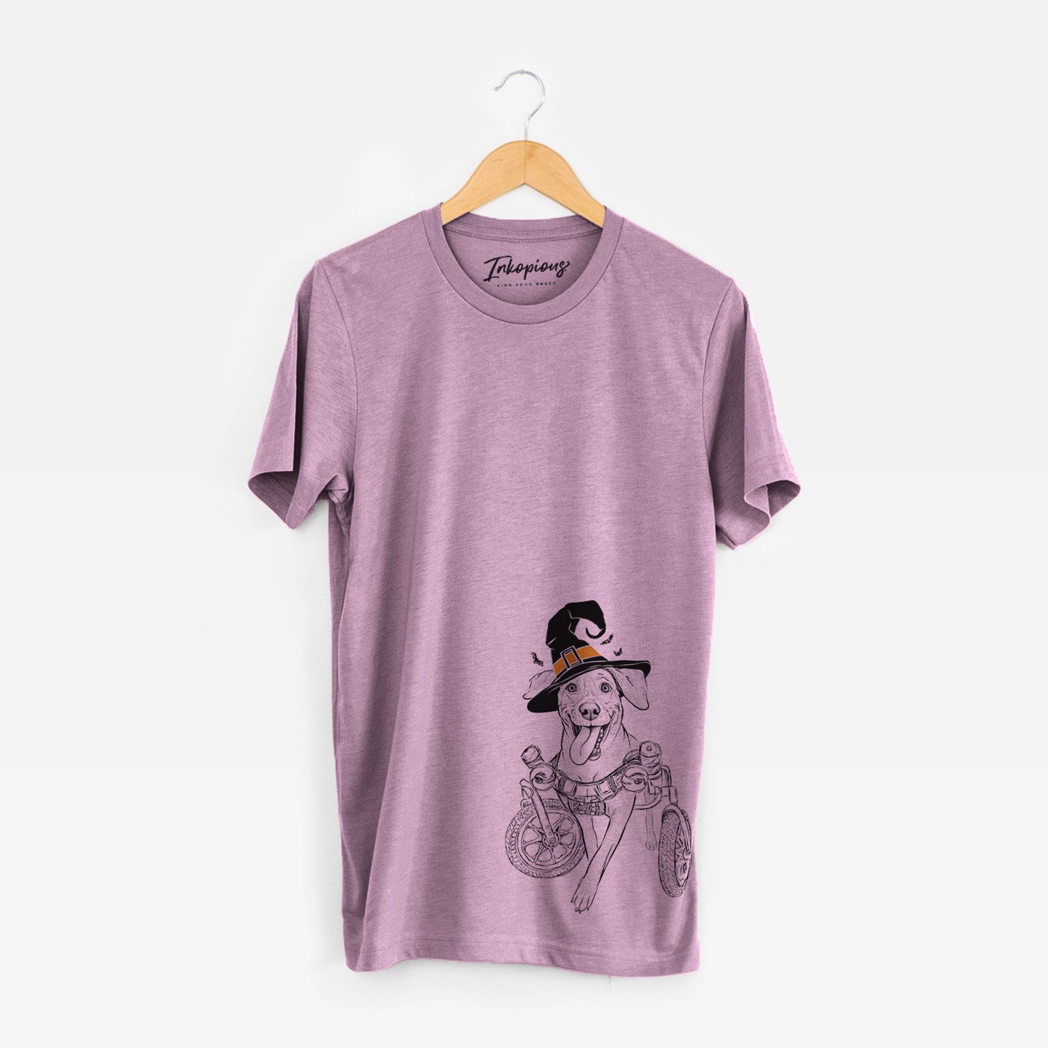 Hand-drawn sketch of Hannah the Pitbull Mix wearing a witch hat on an Orchid Unisex crewneck