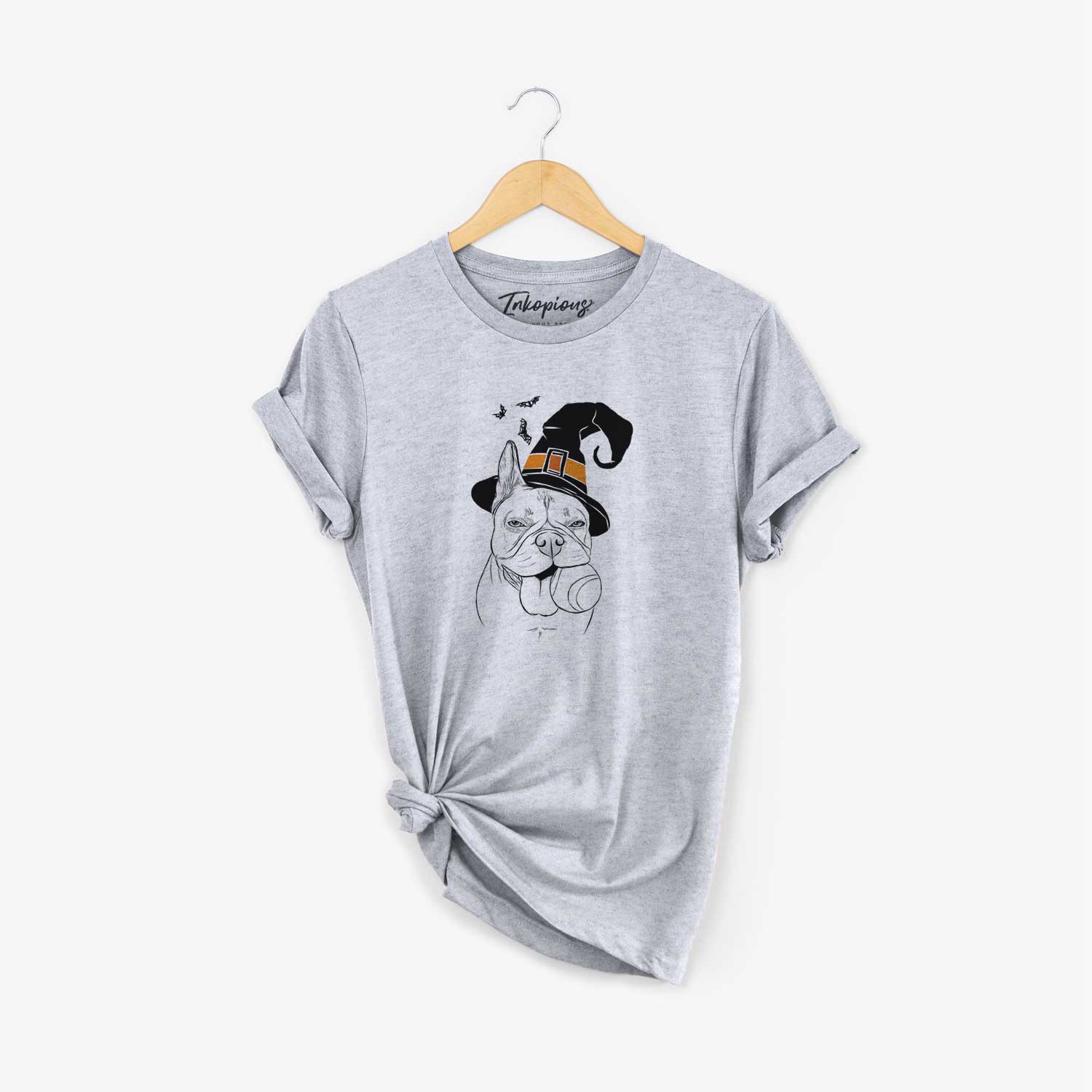 Hand-drawn sketch of Happy Franco the French Bulldog wearing a witch hat on a Grey Unisex crewneck