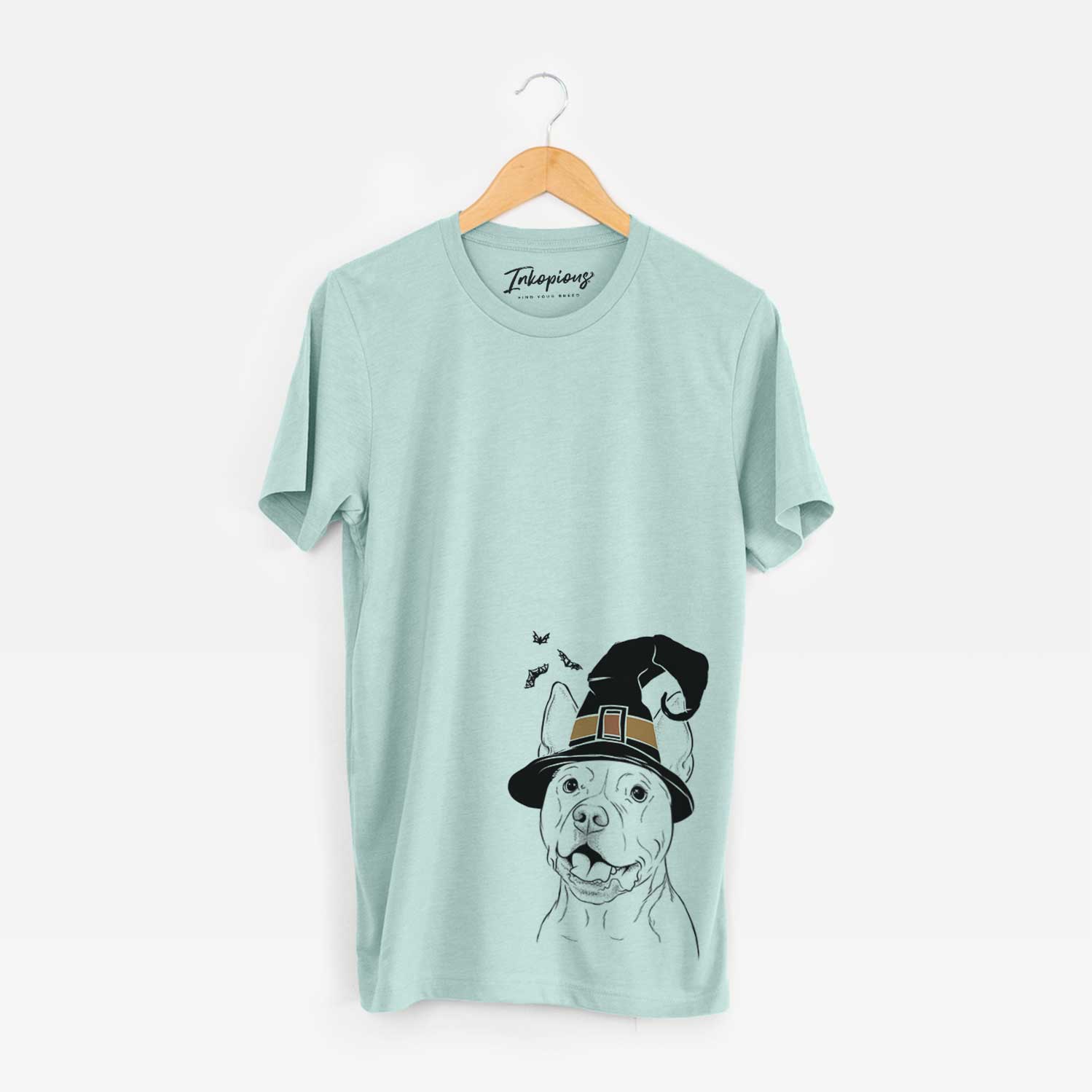 Hand-drawn sketch of Harley the Pitbull wearing a witch hat on a Heather Sage Unisex crewneck