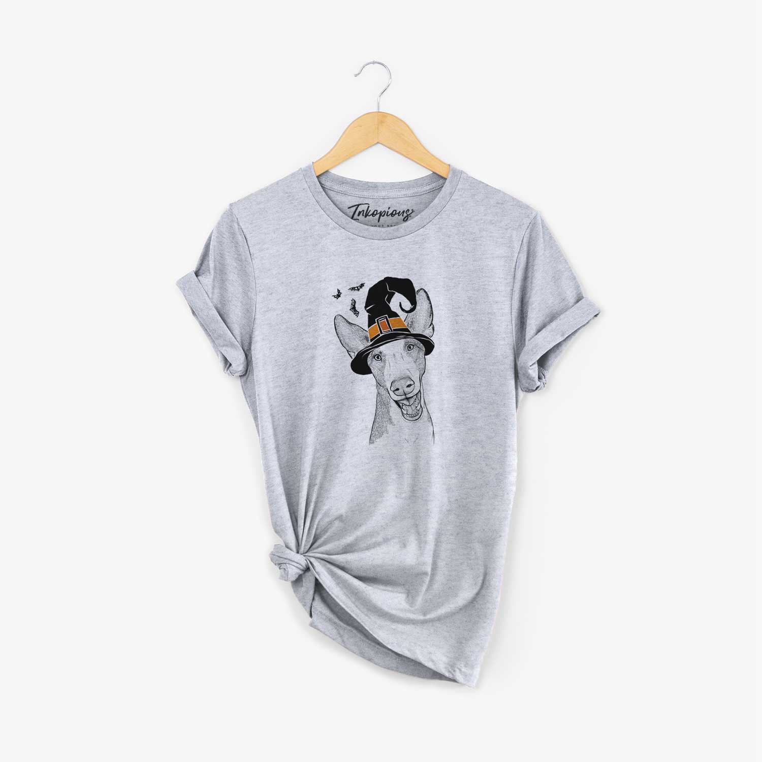 Hand-drawn sketch of Havok the Ibizan Hound wearing a witch hat on a Grey Unisex crewneck