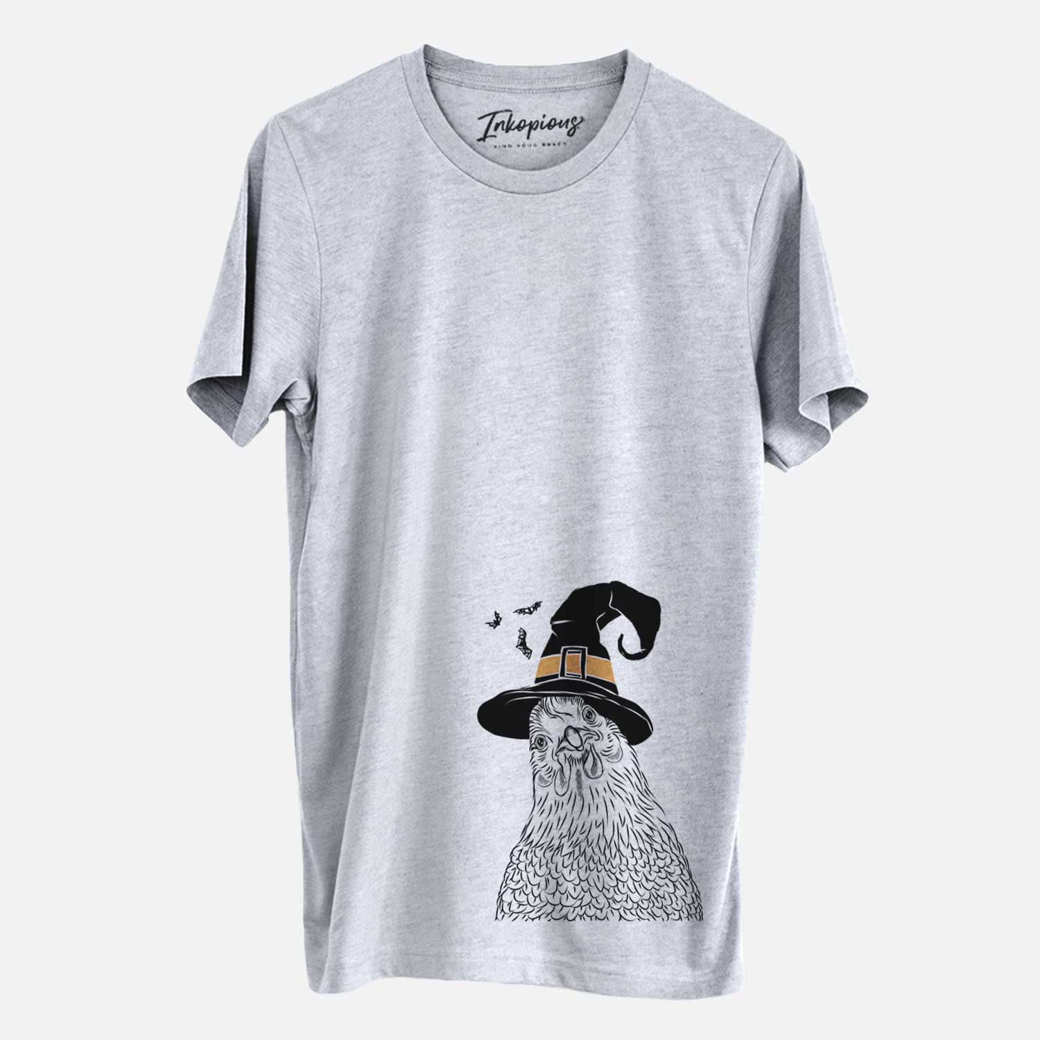 Hand-drawn sketch of Henrietta the Chicken wearing a witch hat on a Grey Unisex crewneck