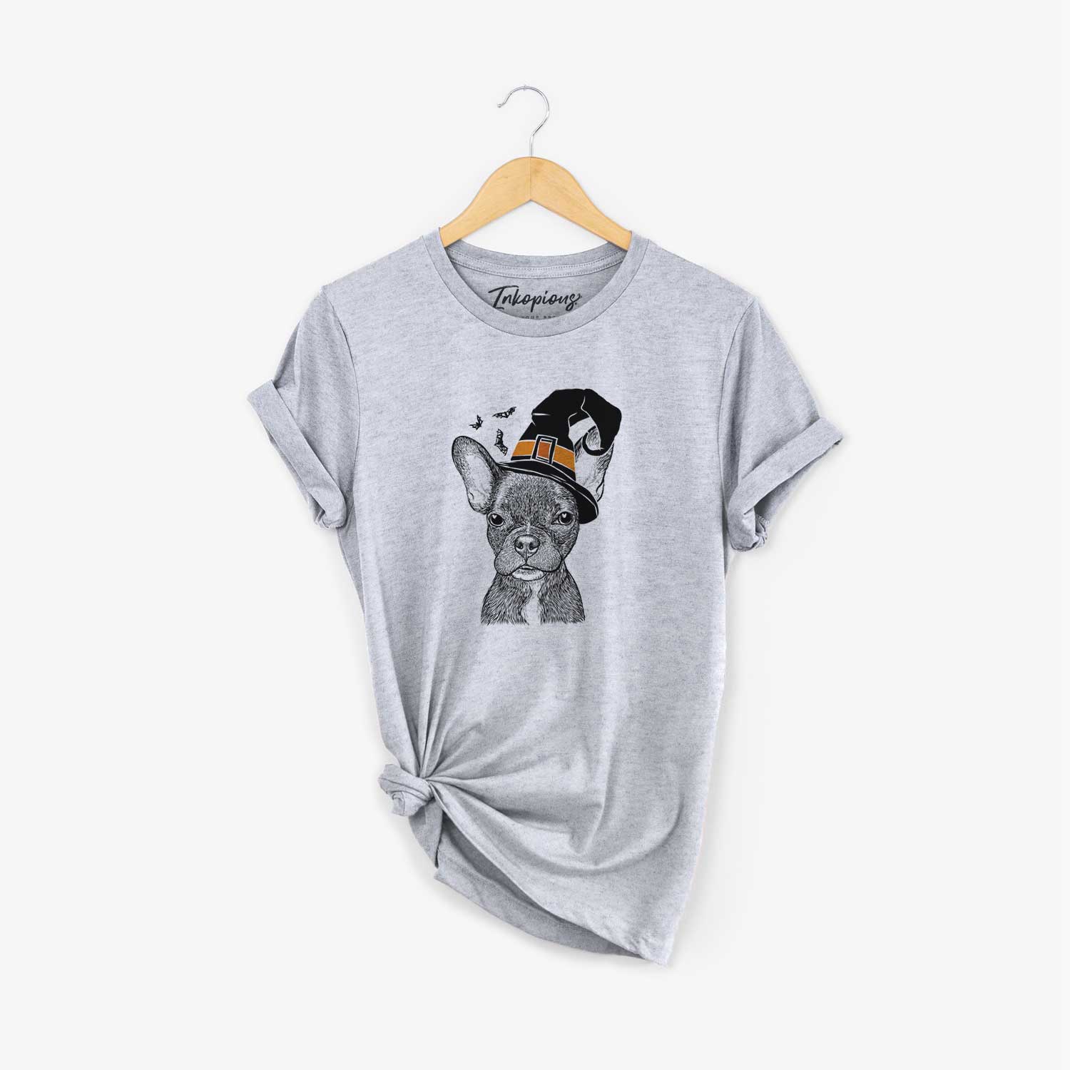 Hand-drawn sketch of Henry the French Bulldog wearing a witch hat on a Grey Unisex crewneck