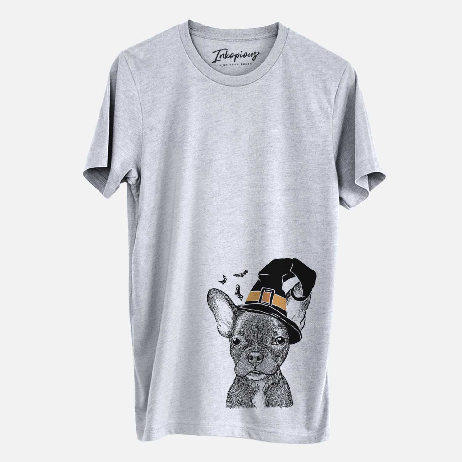 Hand-drawn sketch of Henry the French Bulldog wearing a witch hat on a Grey Unisex crewneck