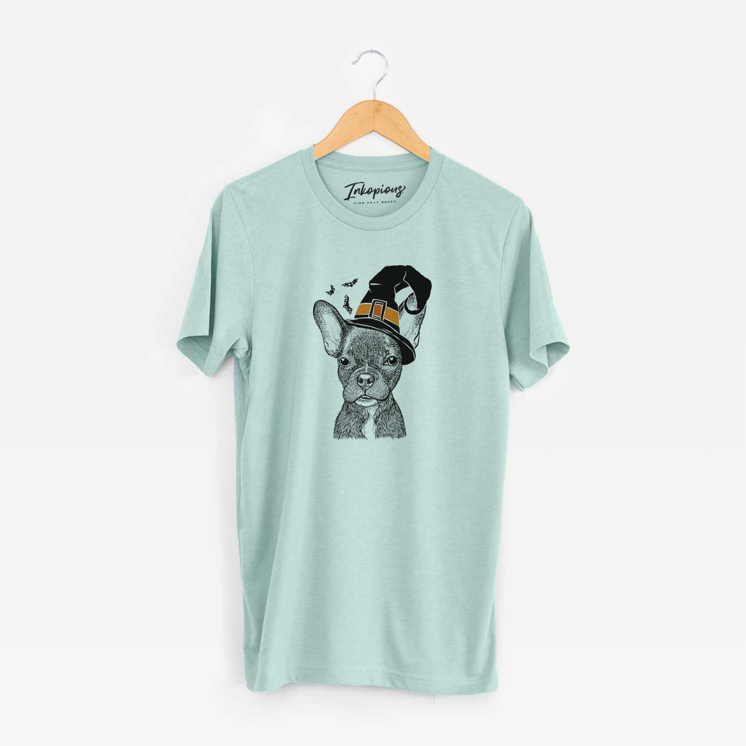 Hand-drawn sketch of Henry the French Bulldog wearing a witch hat on a Heather Sage Unisex crewneck