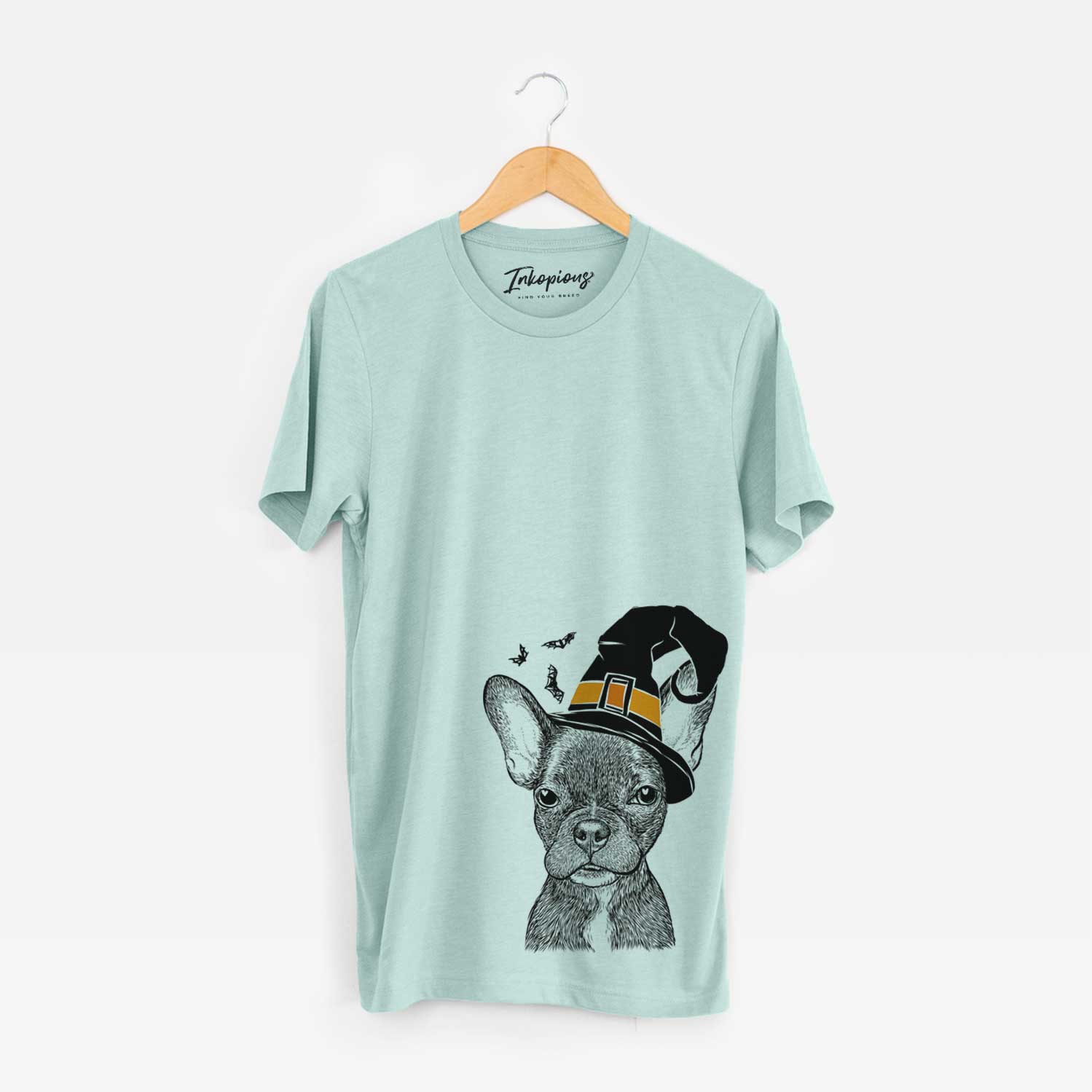 Hand-drawn sketch of Henry the French Bulldog wearing a witch hat on a Heather Sage Unisex crewneck