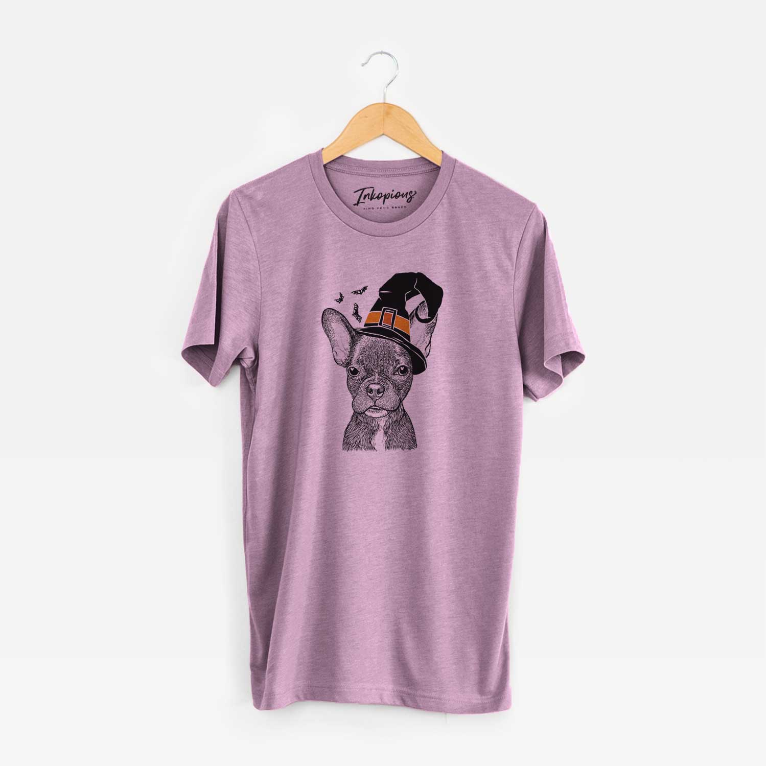 Hand-drawn sketch of Henry the French Bulldog wearing a witch hat on an Orchid Unisex crewneck