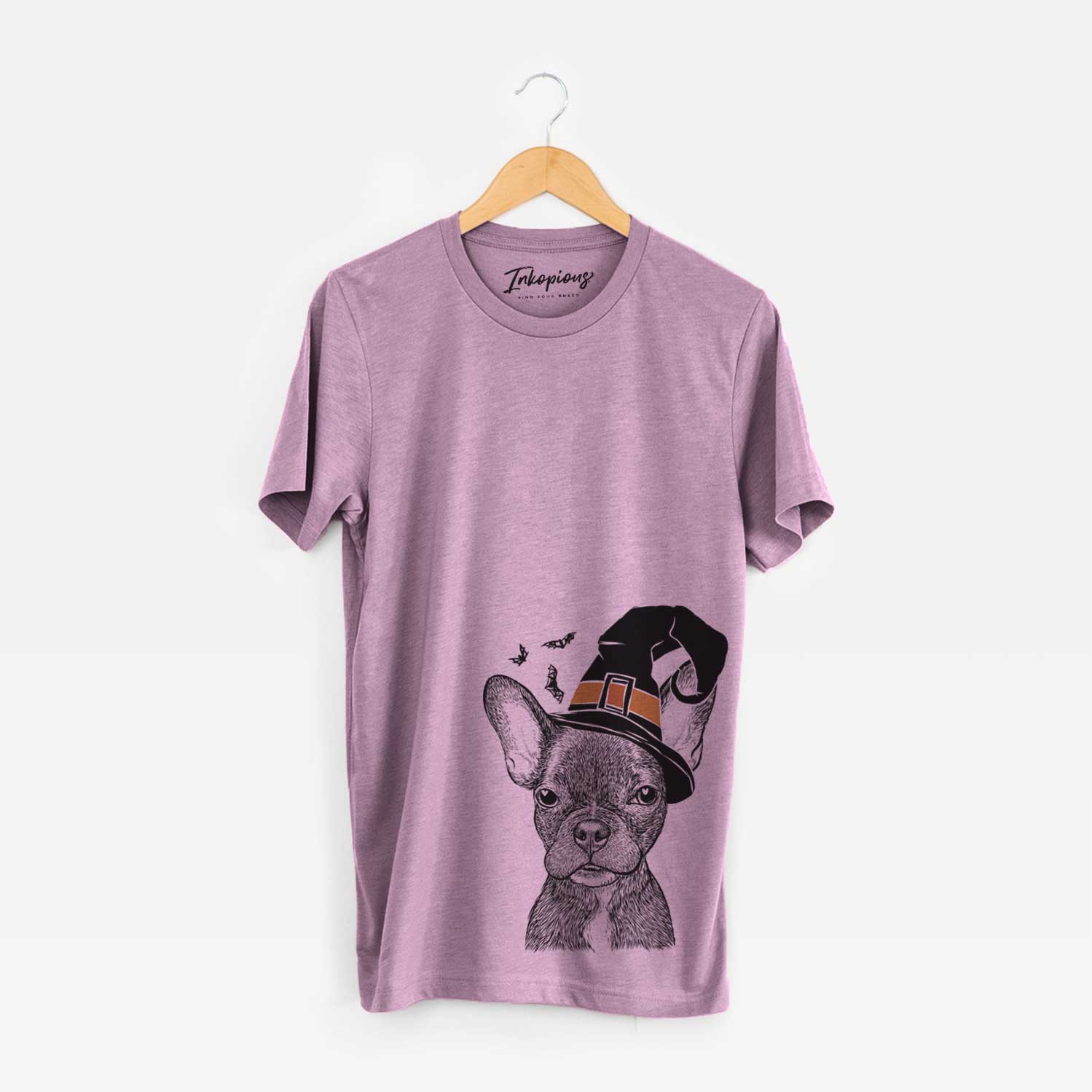 Hand-drawn sketch of Henry the French Bulldog wearing a witch hat on an Orchid Unisex crewneck