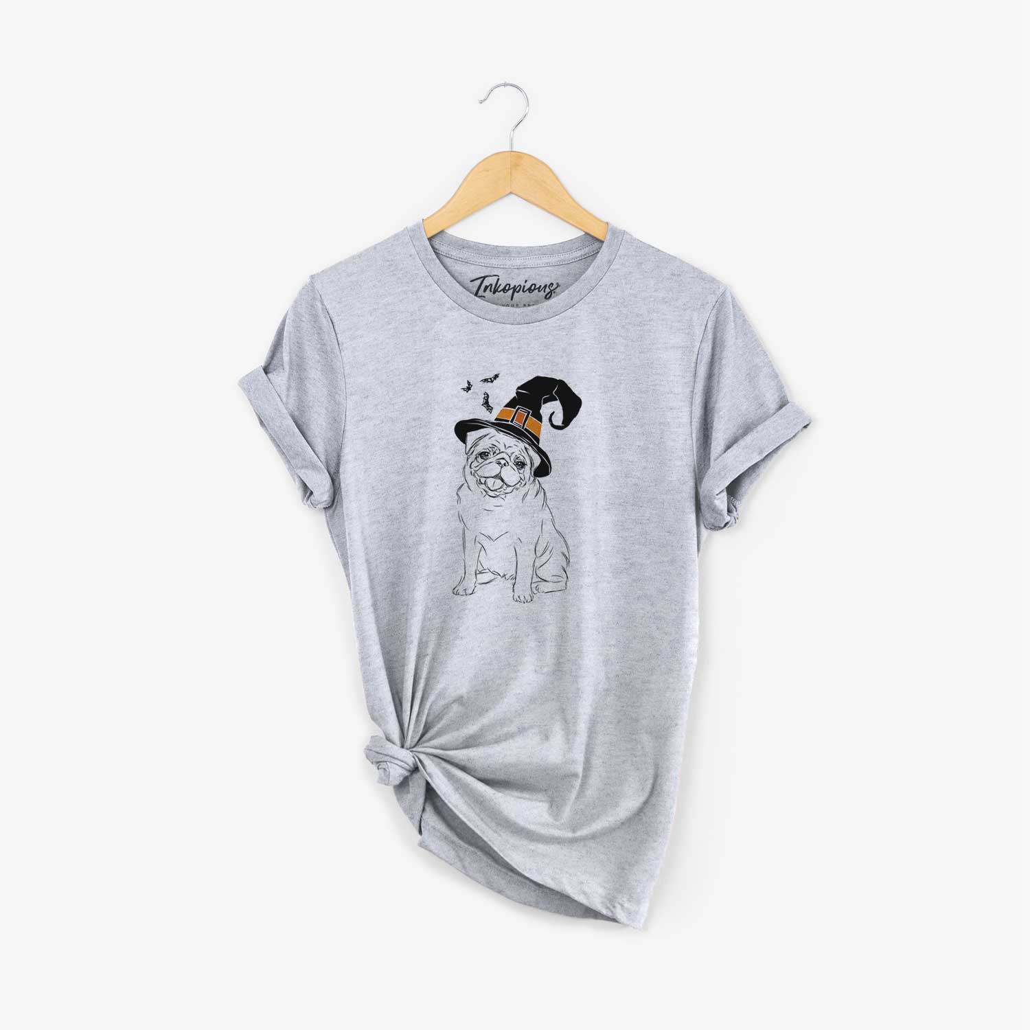 Hand-drawn sketch of Higgins the Pug wearing a witch hat on a Grey Unisex crewneck