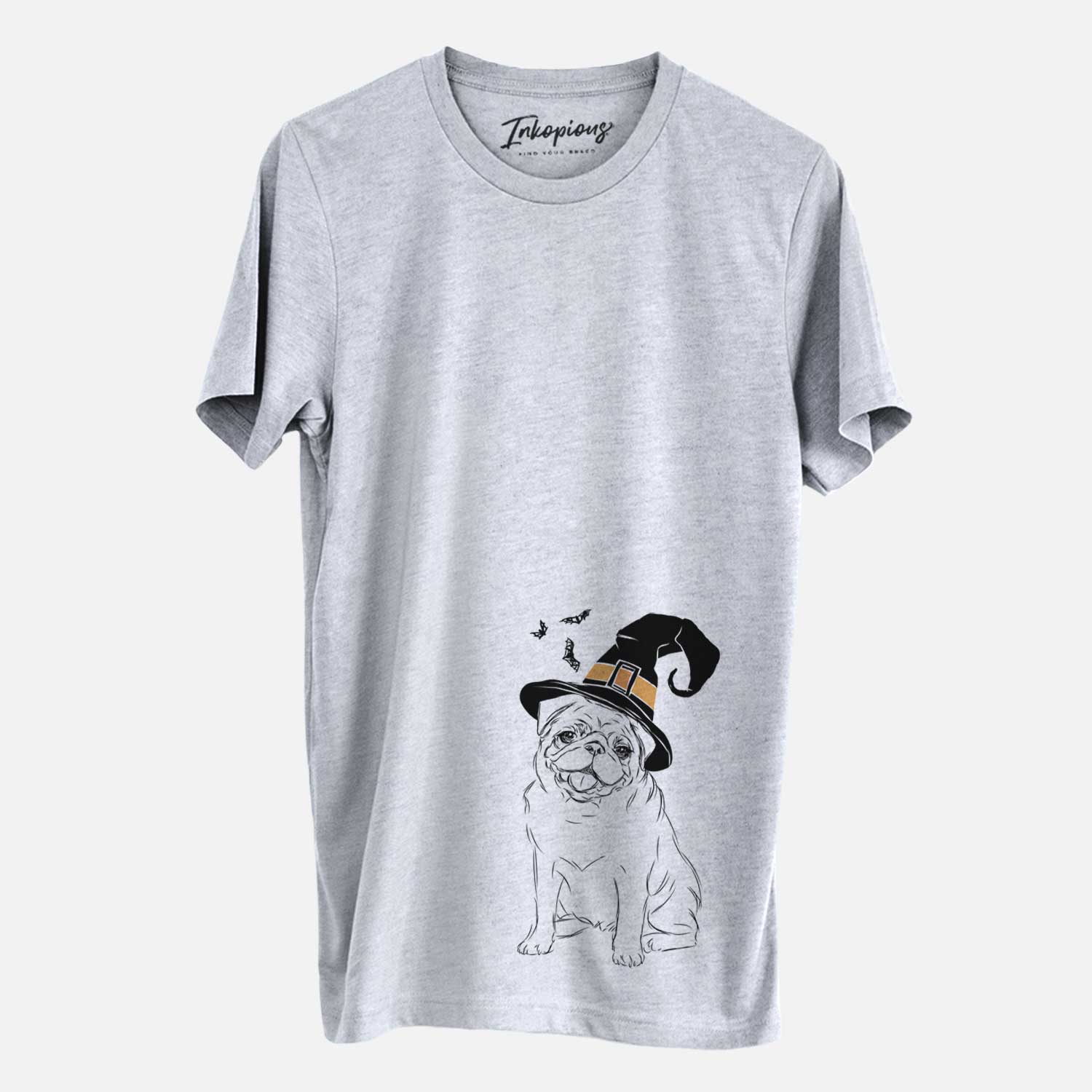 Hand-drawn sketch of Higgins the Pug wearing a witch hat on a Grey Unisex crewneck
