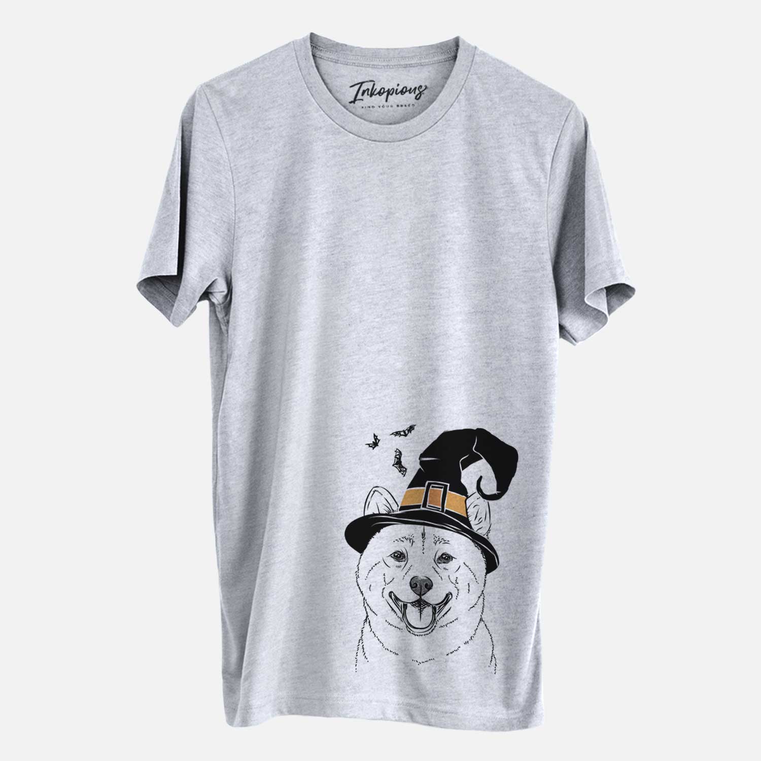 Hand-drawn sketch of Hiro the Shiba Inu wearing a witch hat on a Grey Unisex crewneck