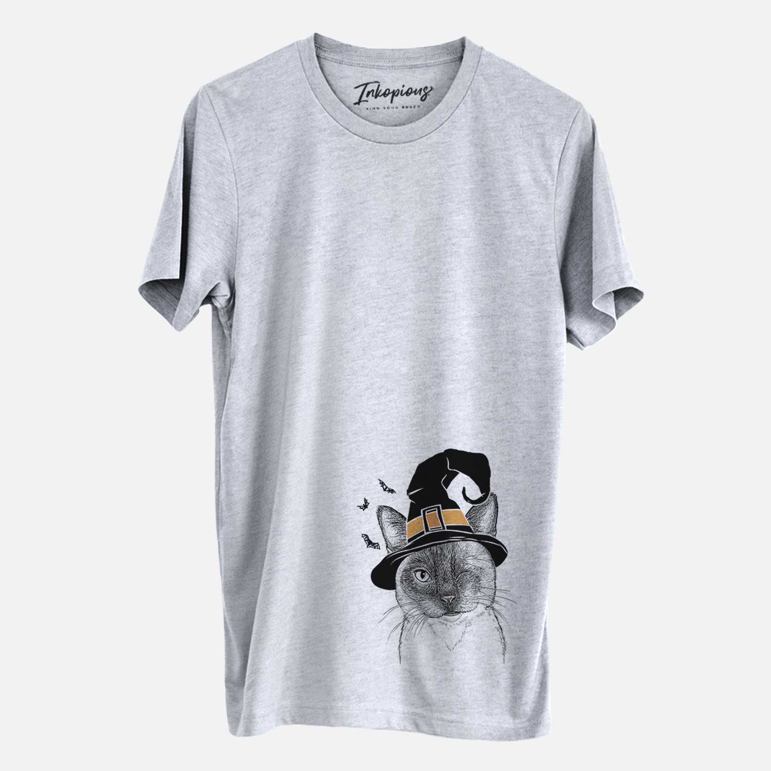 Hand-drawn sketch of Hoggle the Siamese Cat wearing a witch hat on a Grey Unisex crewneck