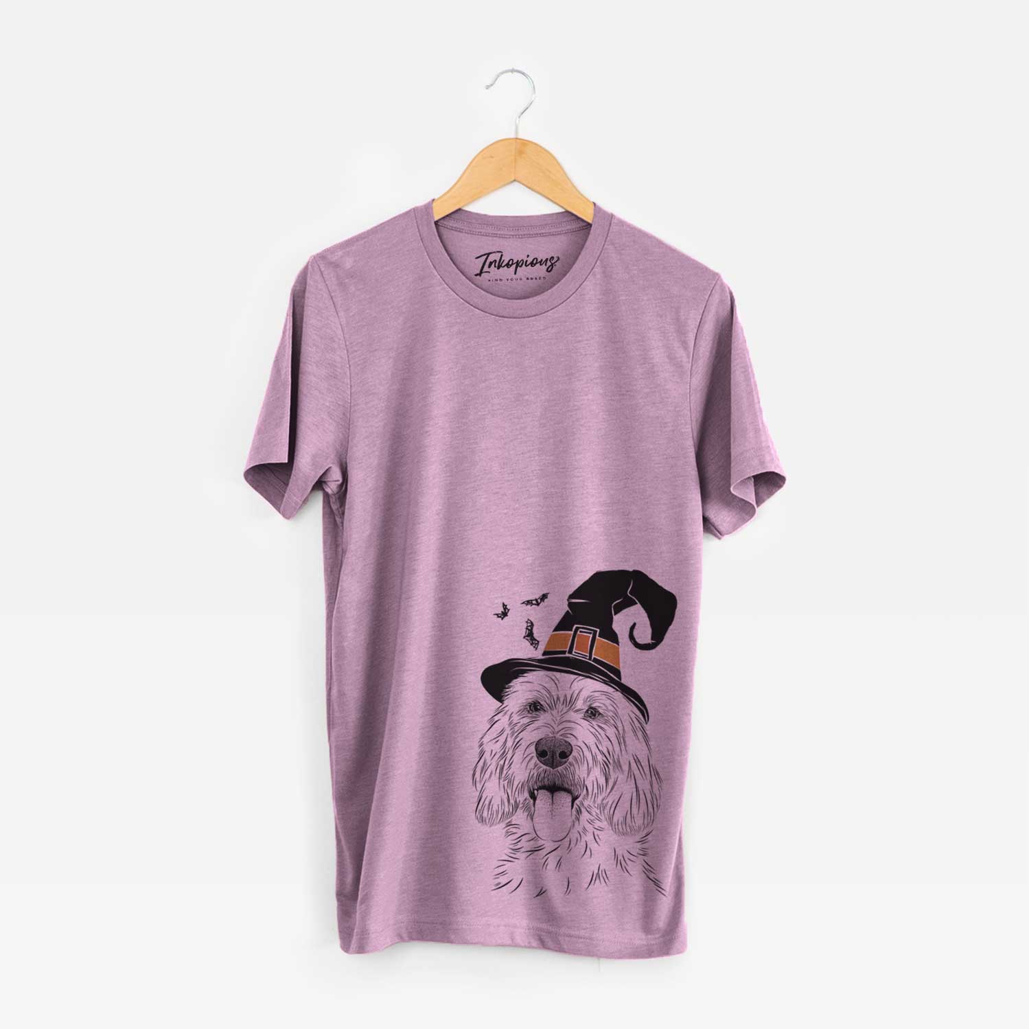 Hand-drawn sketch of Homer the Grand Basset Griffon Vendeen wearing a witch hat on an Orchid Unisex crewneck
