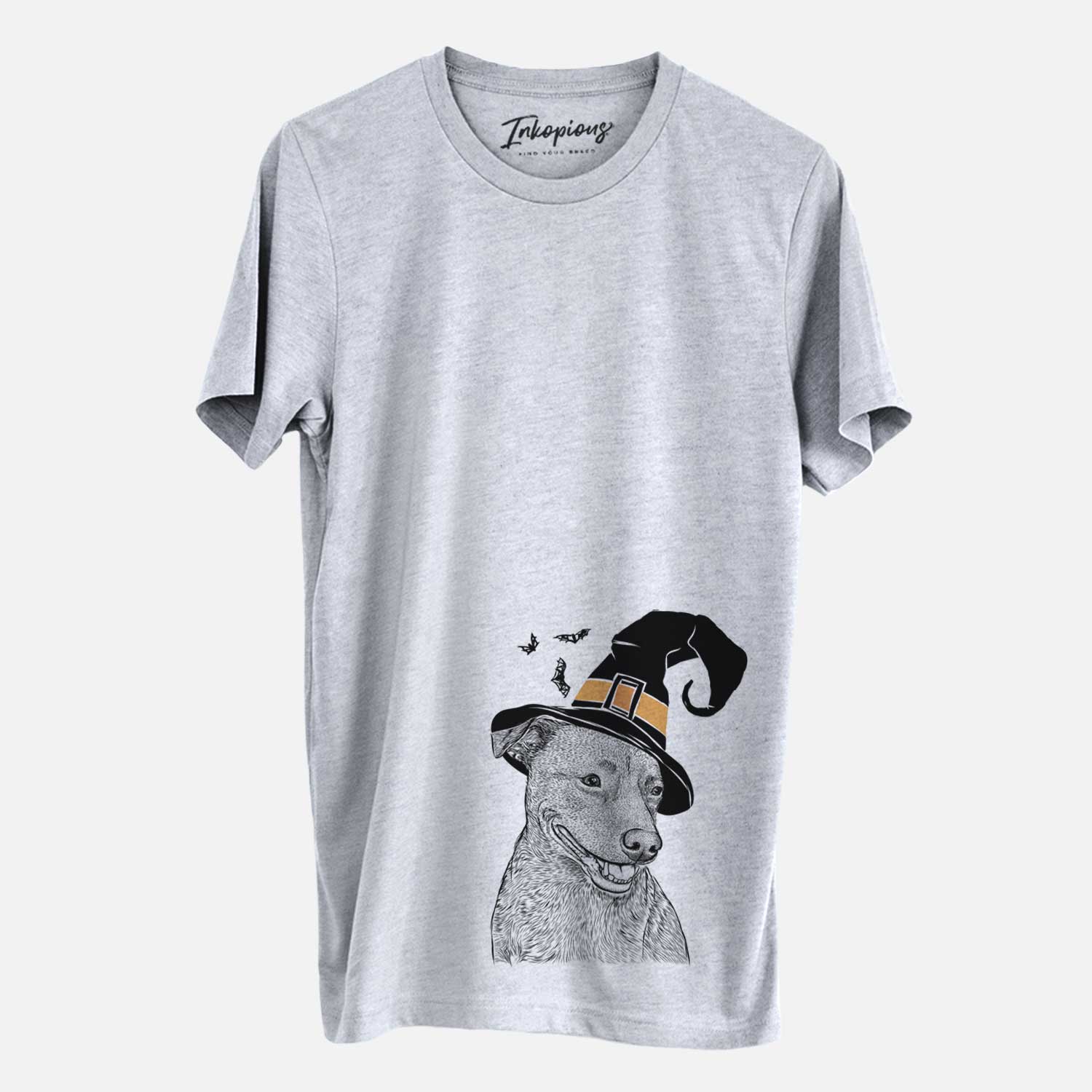 Hand-drawn sketch of Honey the Lab Pit Mix wearing a witch hat on a Grey Unisex crewneck