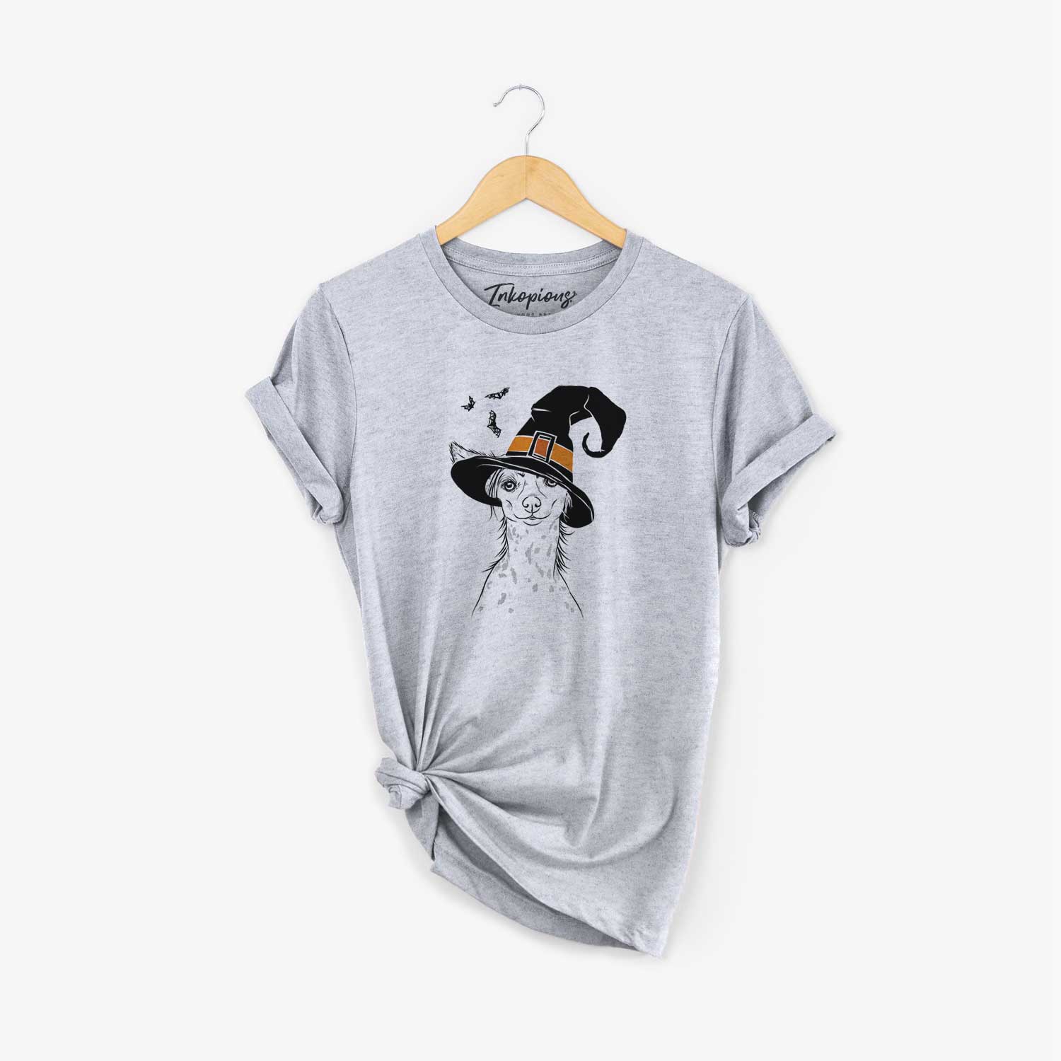 Hand-drawn sketch of Hudson the Chinese Crested wearing a witch hat on a Grey Unisex crewneck