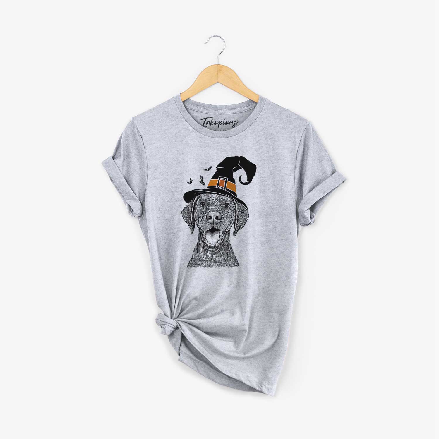 Hand-drawn sketch of Hudson the German Shorthaired Pointer wearing a witch hat on a Grey Unisex crewneck