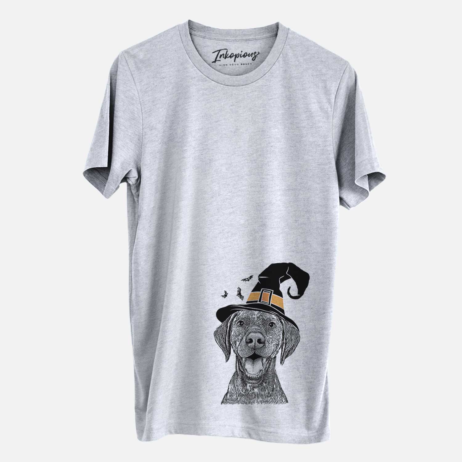 Hand-drawn sketch of Hudson the German Shorthaired Pointer wearing a witch hat on a Grey Unisex crewneck