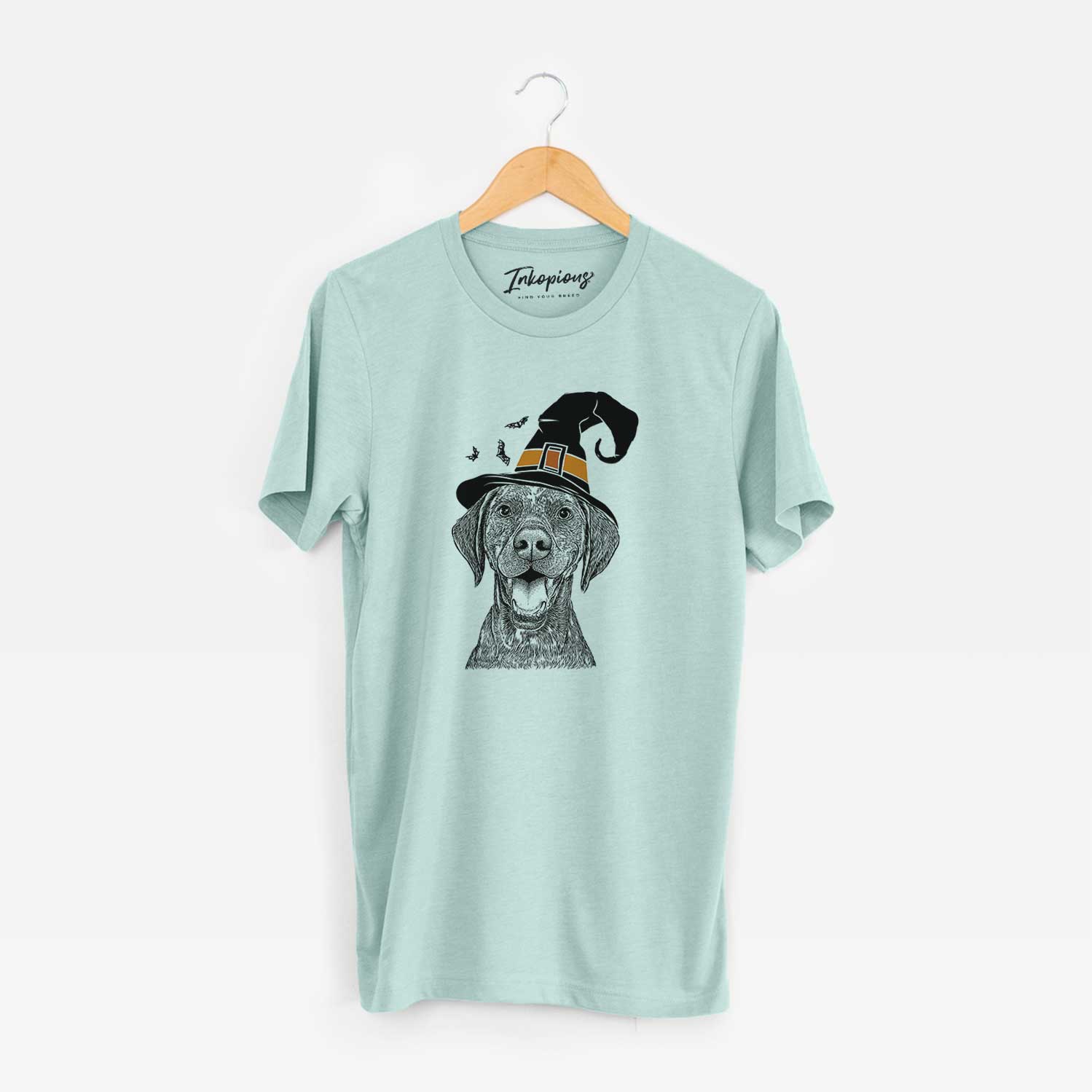 Hand-drawn sketch of Hudson the German Shorthaired Pointer wearing a witch hat on a Heather Sage Unisex crewneck