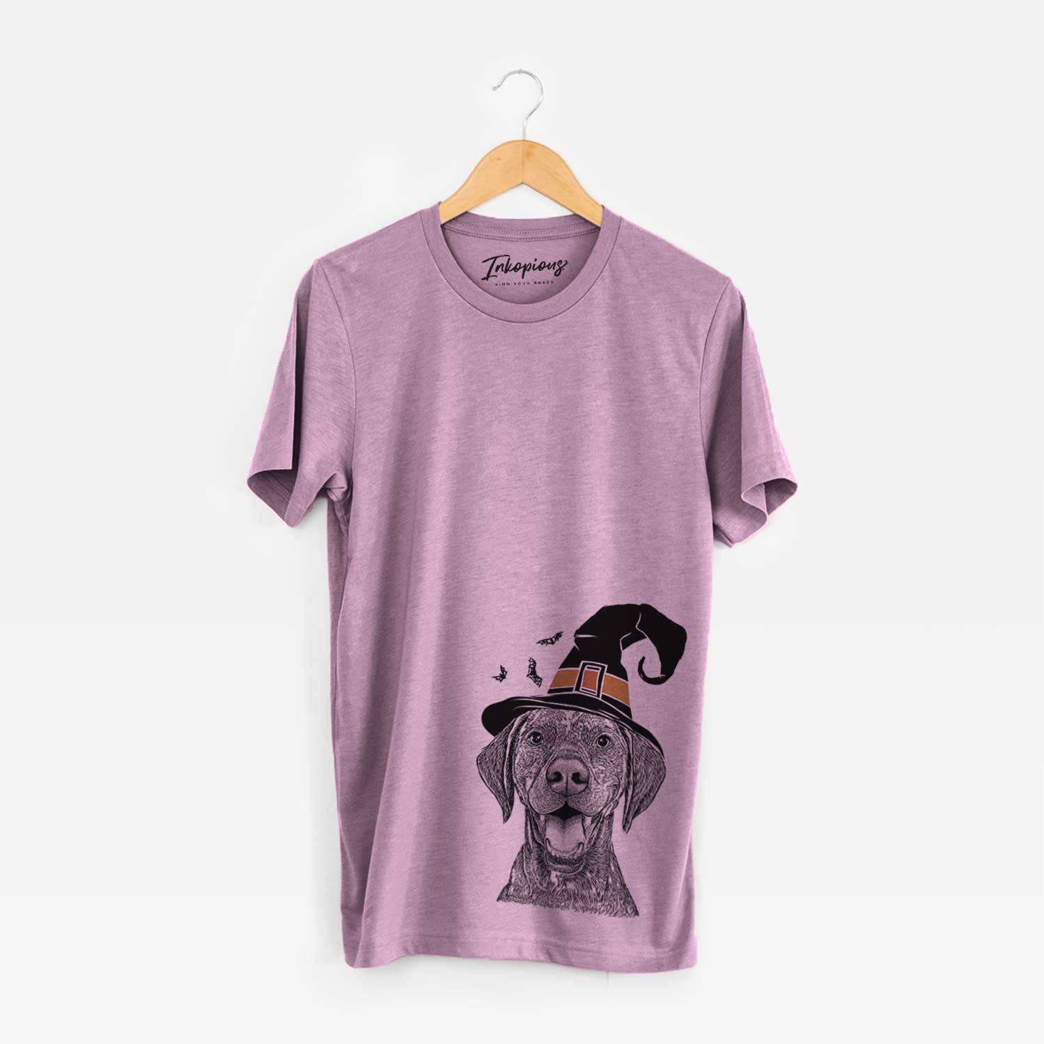Hand-drawn sketch of Hudson the German Shorthaired Pointer wearing a witch hat on an Orchid Unisex crewneck