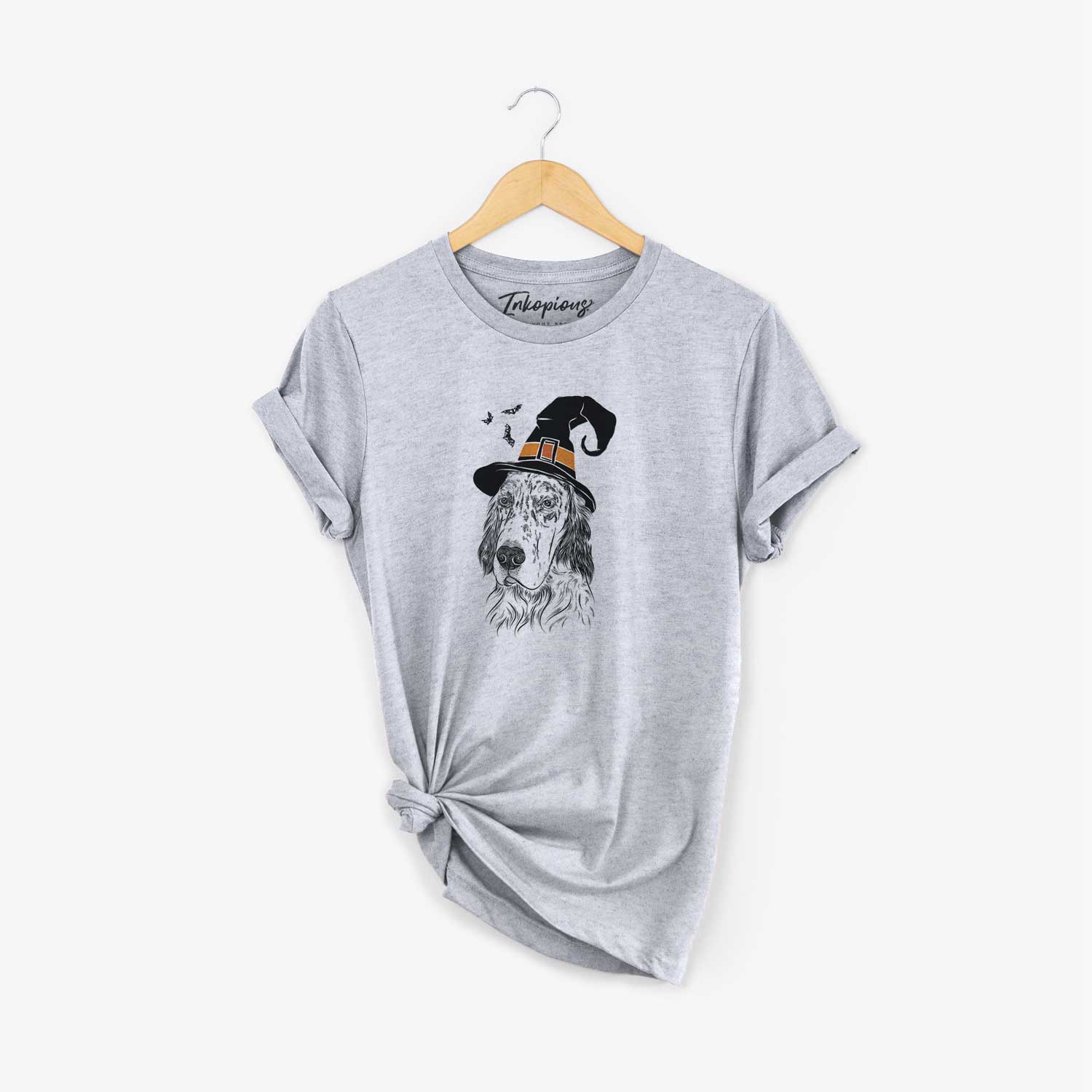 Hand-drawn sketch of Hutch the English Setter wearing a witch hat on a Grey Unisex crewneck