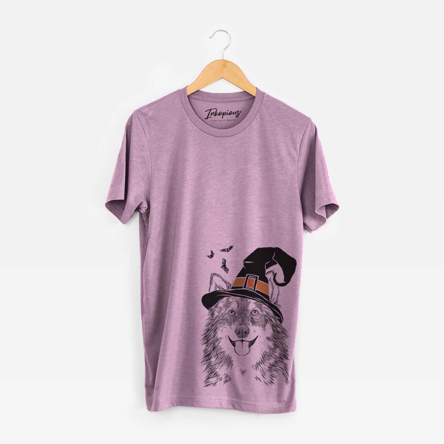 Hand-drawn sketch of Iben the Utonagan wearing a witch hat on an Orchid Unisex crewneck