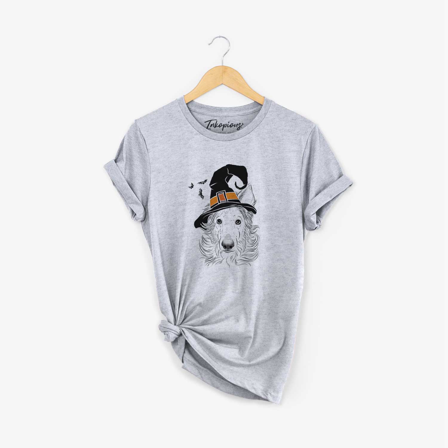 Hand-drawn sketch of Jasha the Borzoi wearing a witch hat on a Grey Unisex crewneck
