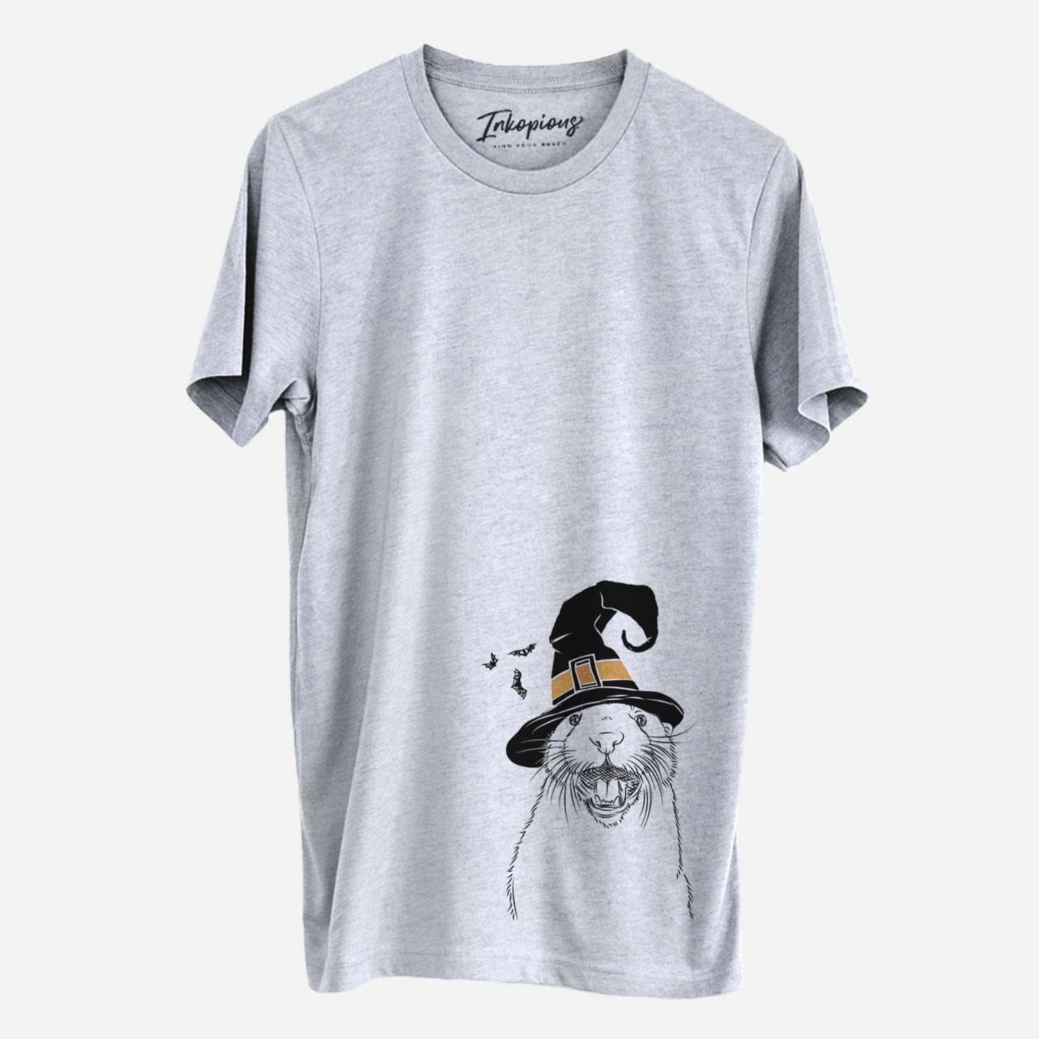 Hand-drawn sketch of Jasper the River Otter wearing a witch hat on a Grey Unisex crewneck