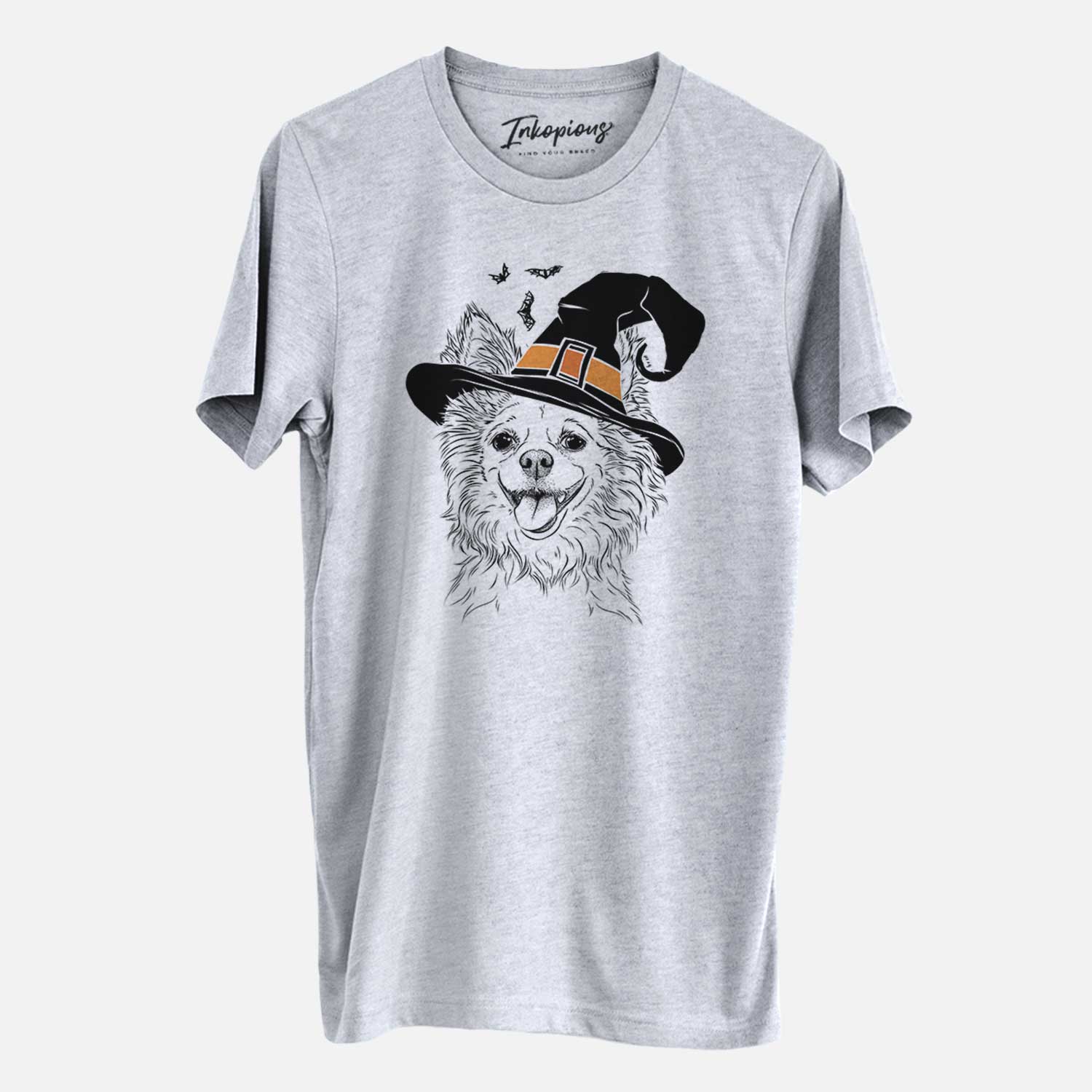 Hand-drawn sketch of Jasper the Pomchi wearing a witch hat on a Grey Unisex crewneck