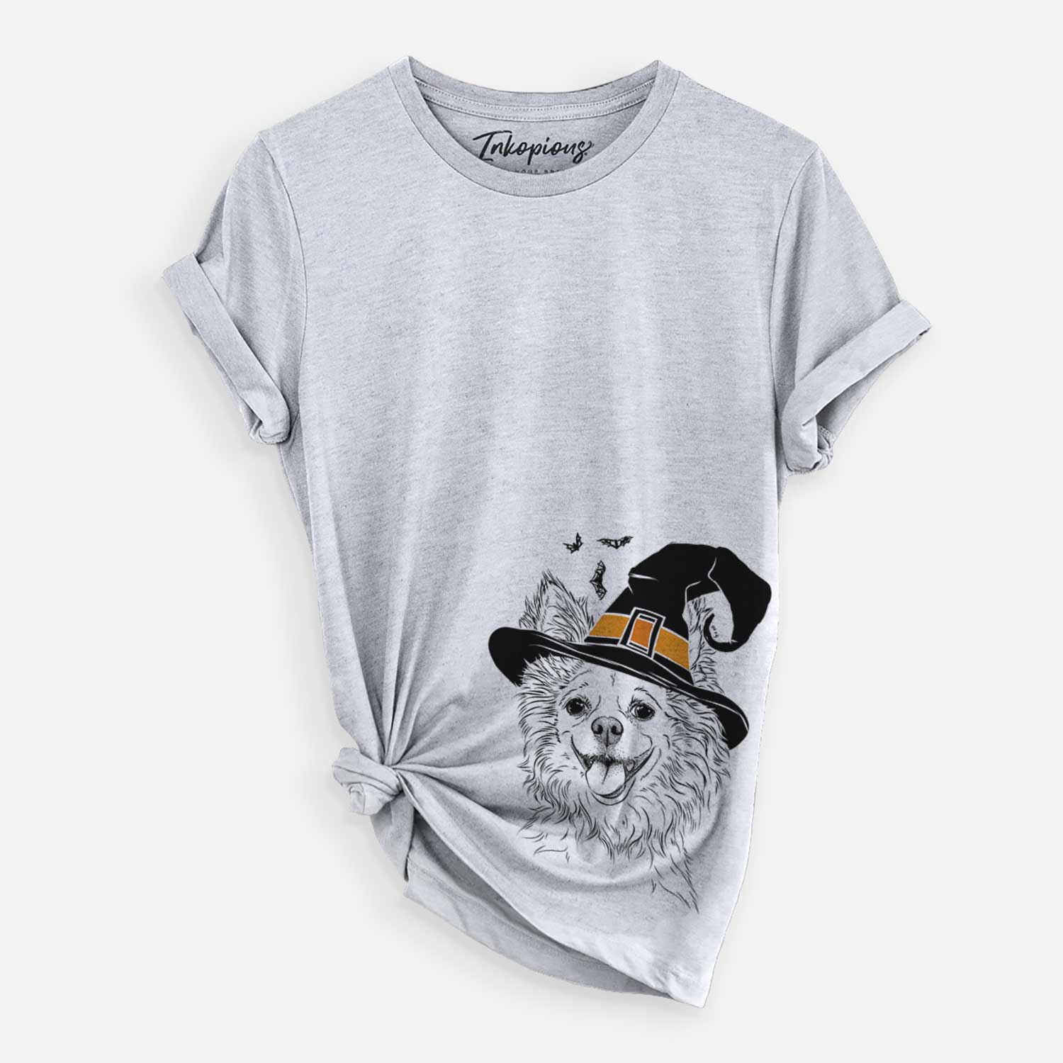 Hand-drawn sketch of Jasper the Pomchi wearing a witch hat on a Grey Unisex crewneck