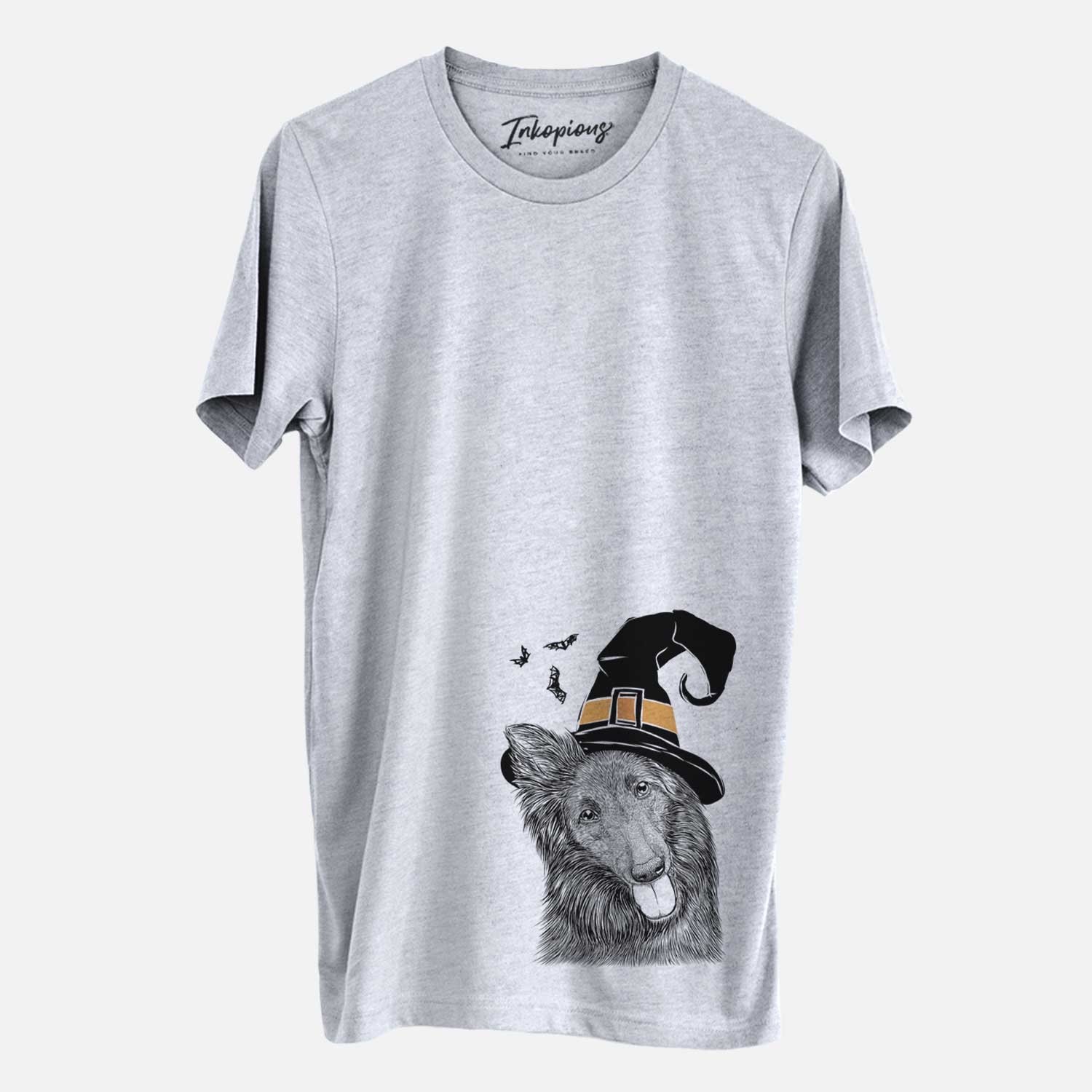 Hand-drawn sketch of Jaxx the Belgian Tervuren wearing a witch hat on a Grey Unisex crewneck