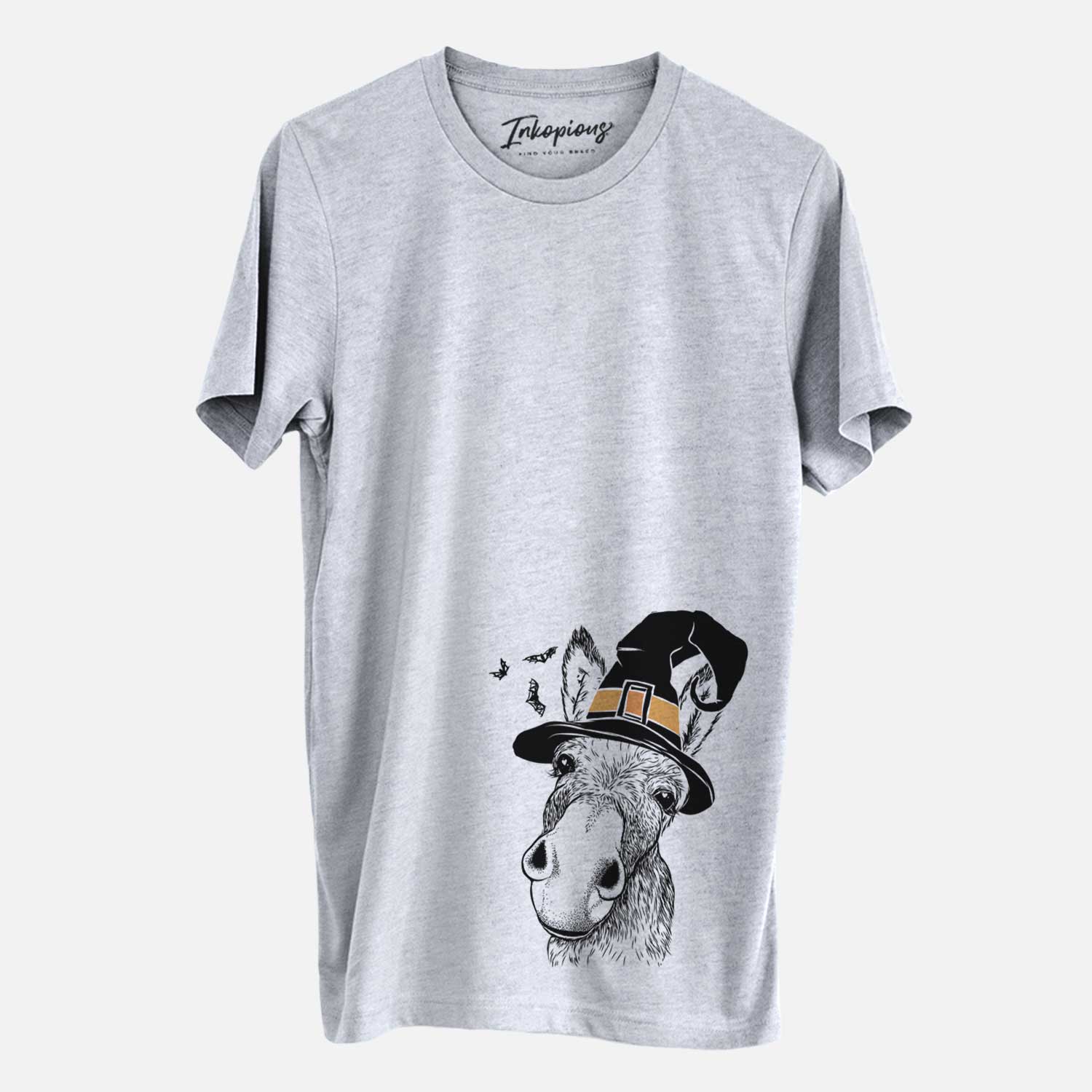 Hand-drawn sketch of Jenny the Donkey wearing a witch hat on a Grey Unisex crewneck