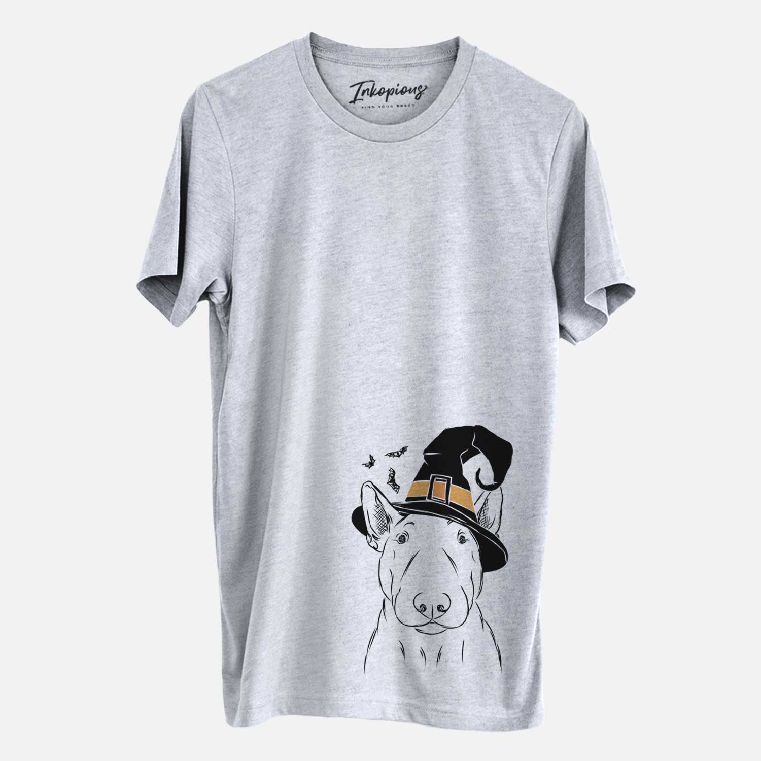 Hand-drawn sketch of Jett the Bull Terrier wearing a witch hat on a Grey Unisex crewneck