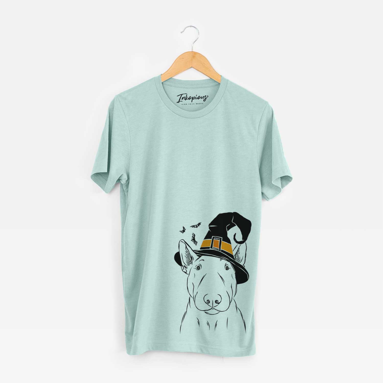 Hand-drawn sketch of Jett the Bull Terrier wearing a witch hat on a Heather Sage Unisex crewneck