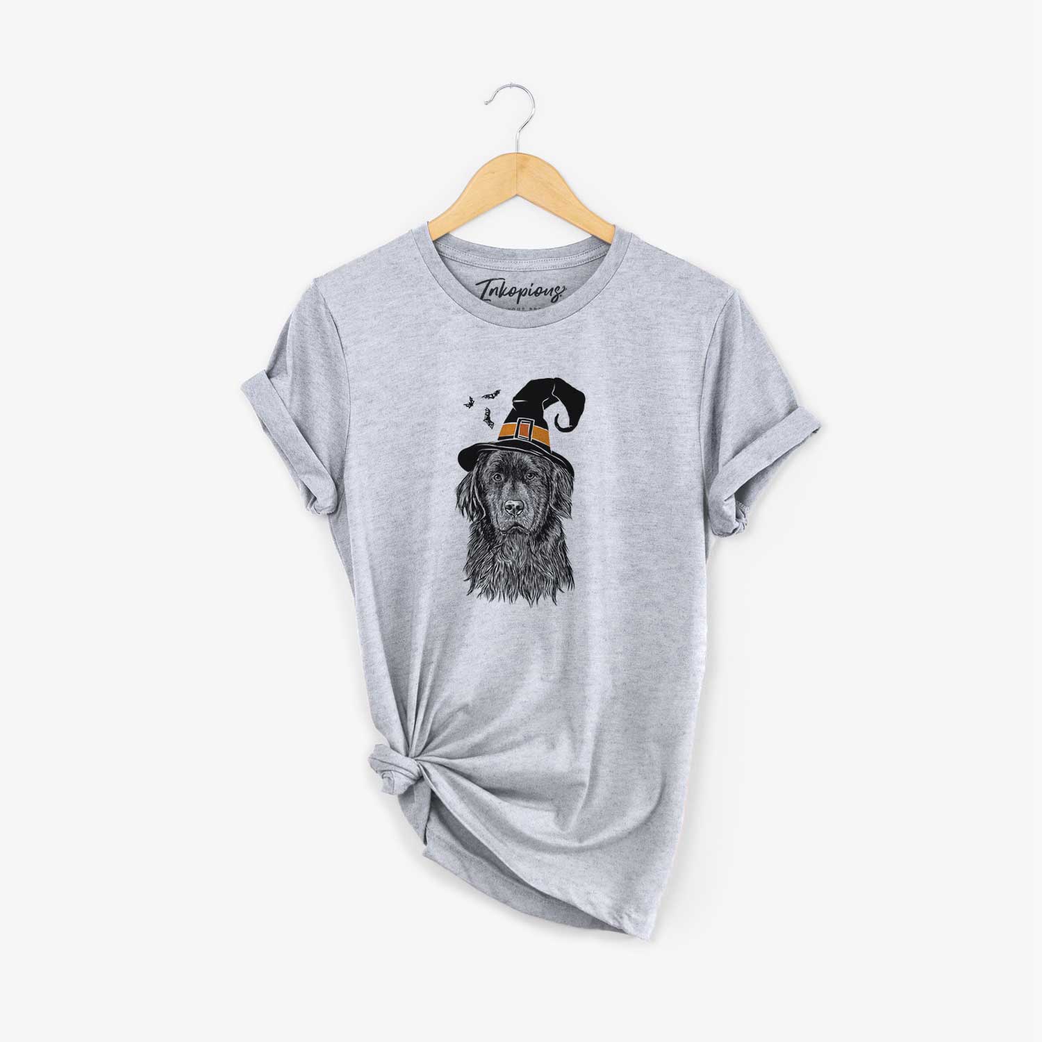 Hand-drawn sketch of Jinx the Newfoundland wearing a witch hat on a Grey Unisex crewneck