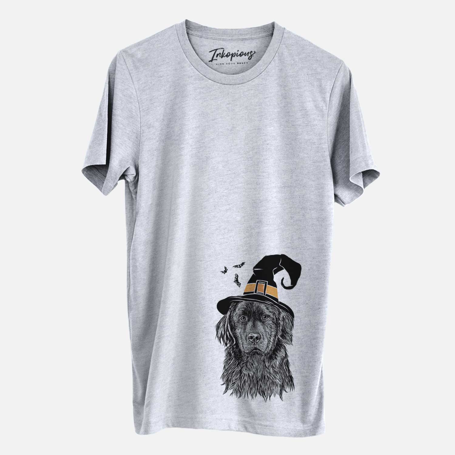 Hand-drawn sketch of Jinx the Newfoundland wearing a witch hat on a Grey Unisex crewneck