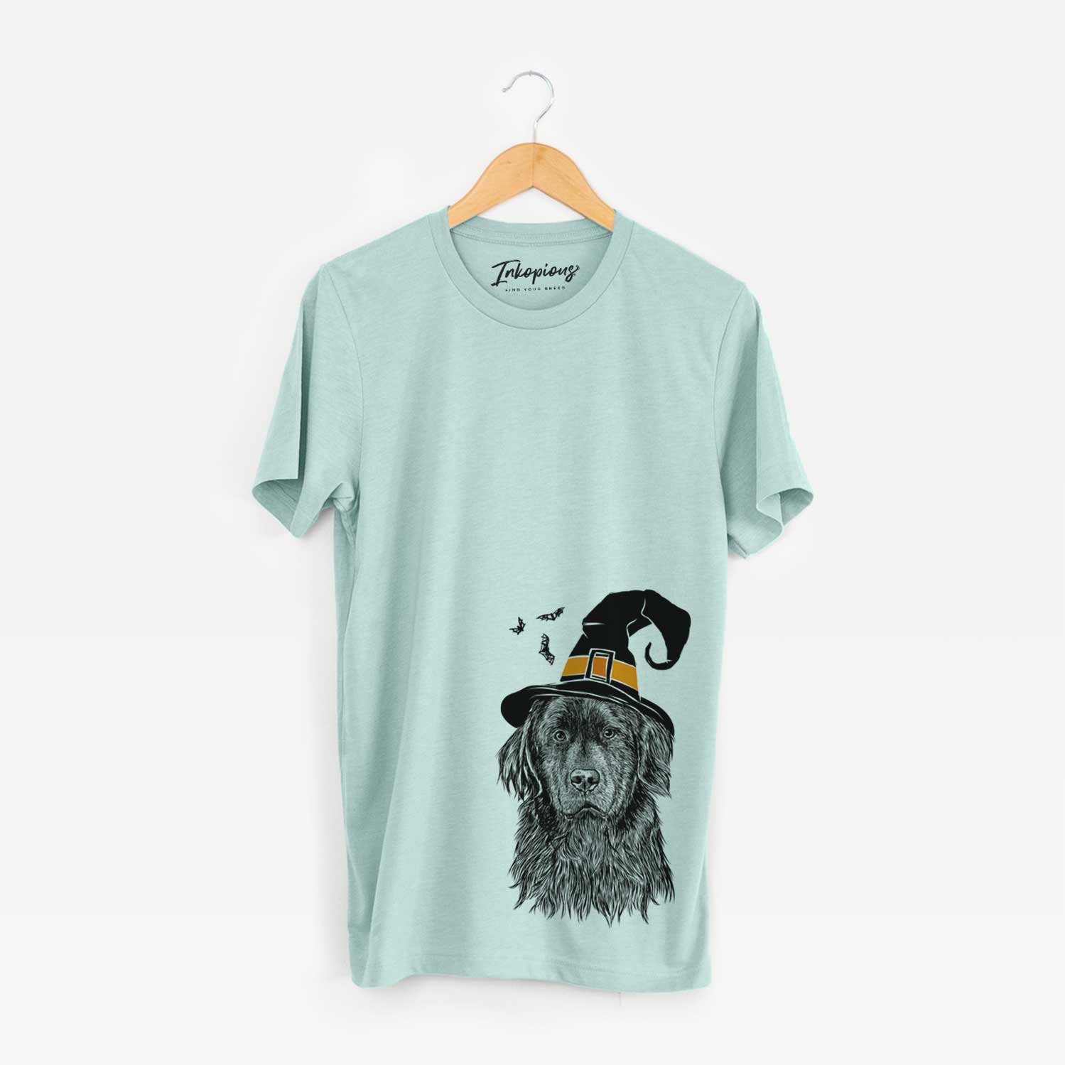Hand-drawn sketch of Jinx the Newfoundland wearing a witch hat on a Heather Sage Unisex crewneck