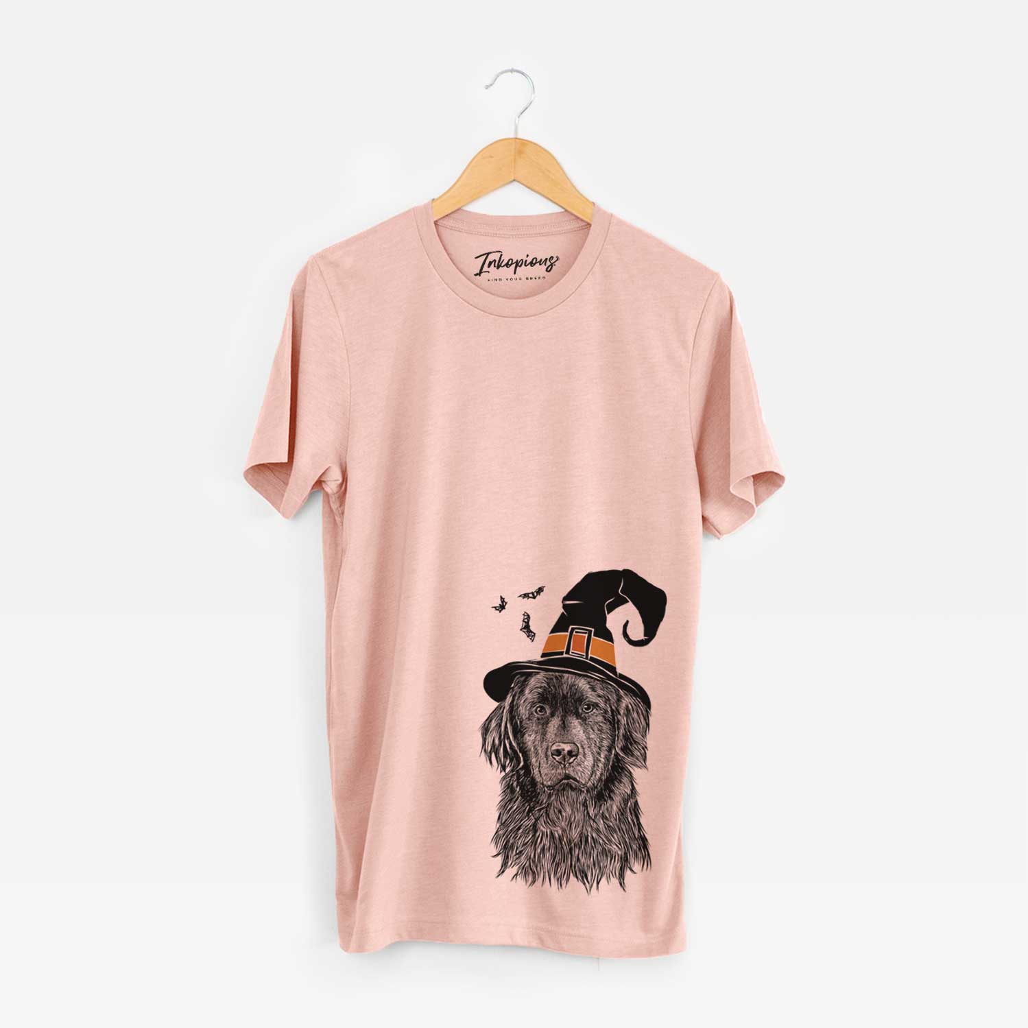 Hand-drawn sketch of Jinx the Newfoundland wearing a witch hat on a Peach Unisex crewneck