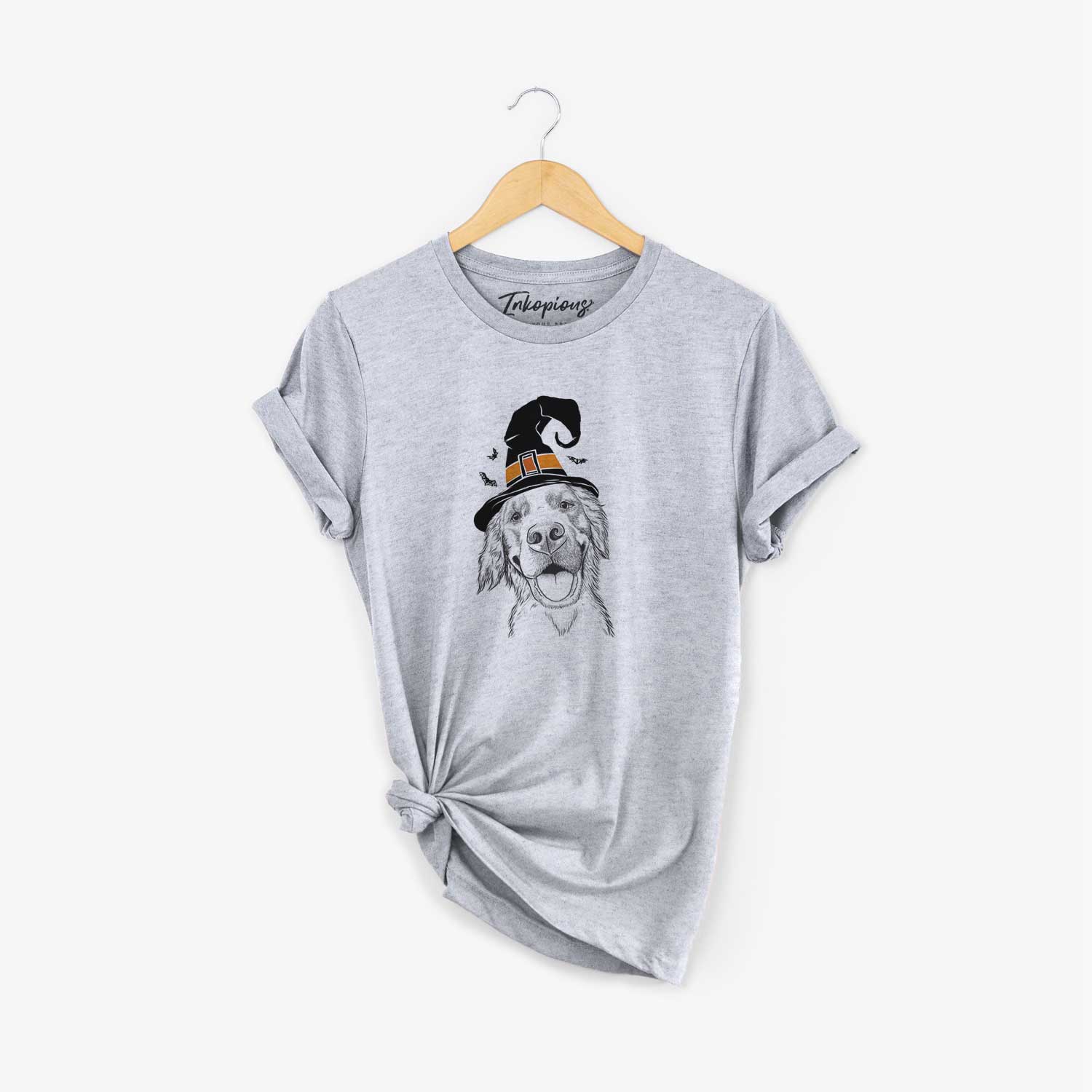 Hand-drawn sketch of Jordy the Golden Retriever wearing a witch hat on a Grey Unisex crewneck