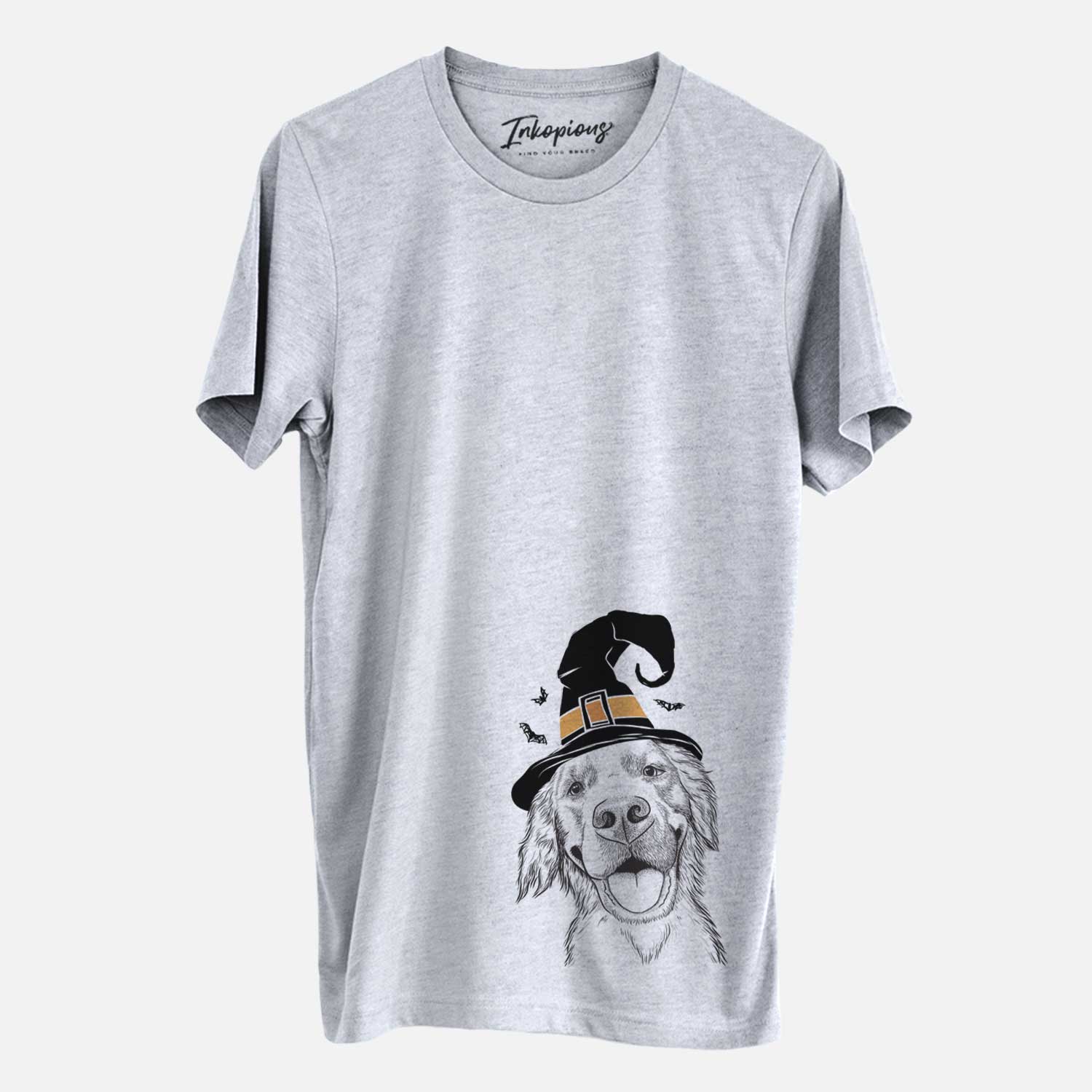 Hand-drawn sketch of Jordy the Golden Retriever wearing a witch hat on a Grey Unisex crewneck