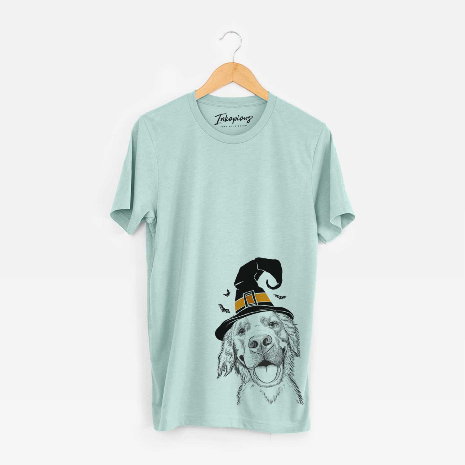 Hand-drawn sketch of Jordy the Golden Retriever wearing a witch hat on a Heather Sage Unisex crewneck