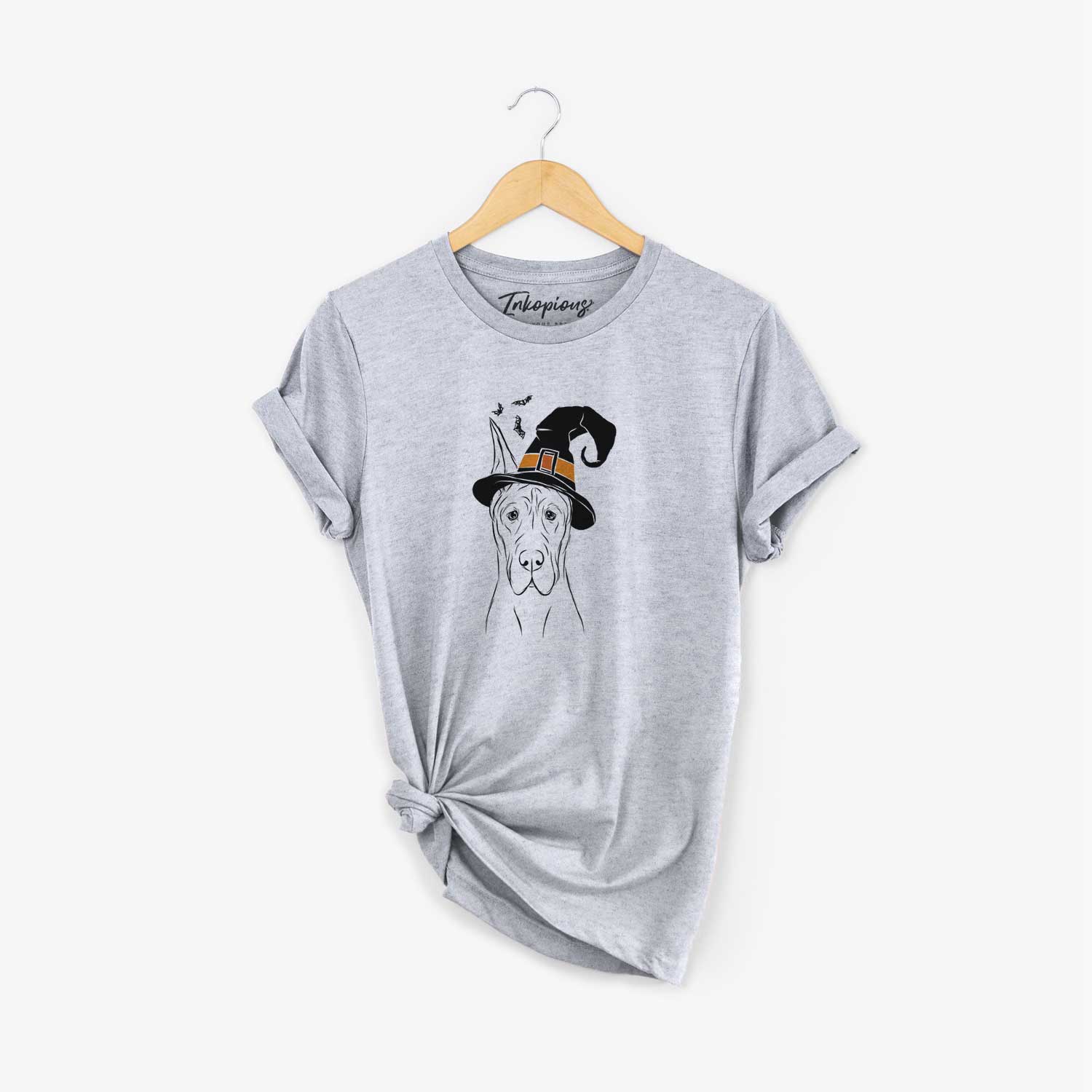 Hand-drawn sketch of Jude the Great Dane wearing a witch hat on a Grey Unisex crewneck