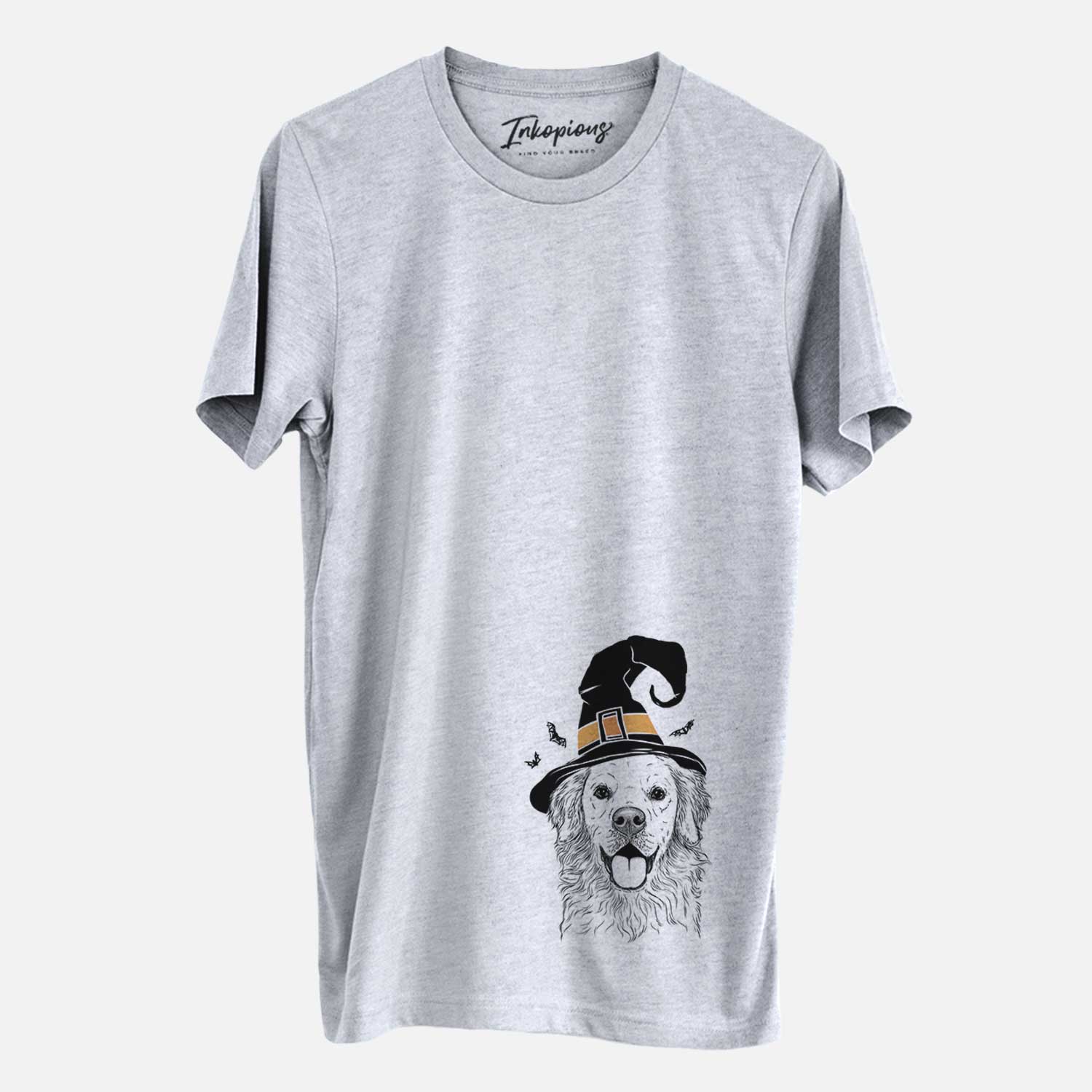 Hand-drawn sketch of Juniper the Golden Retriever wearing a witch hat on a Grey Unisex crewneck