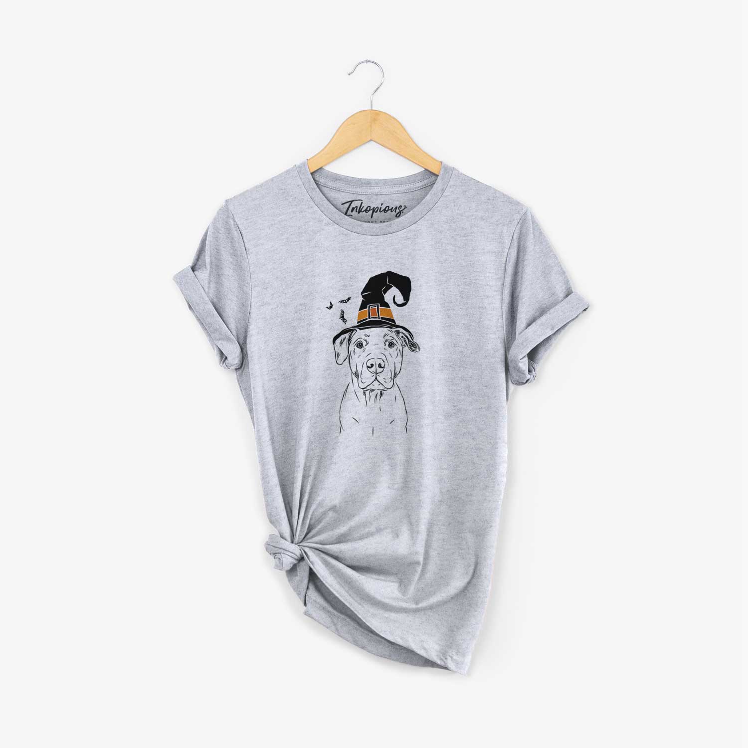 Hand-drawn sketch of Kadin the Pitbull wearing a witch hat on a Grey Unisex crewneck