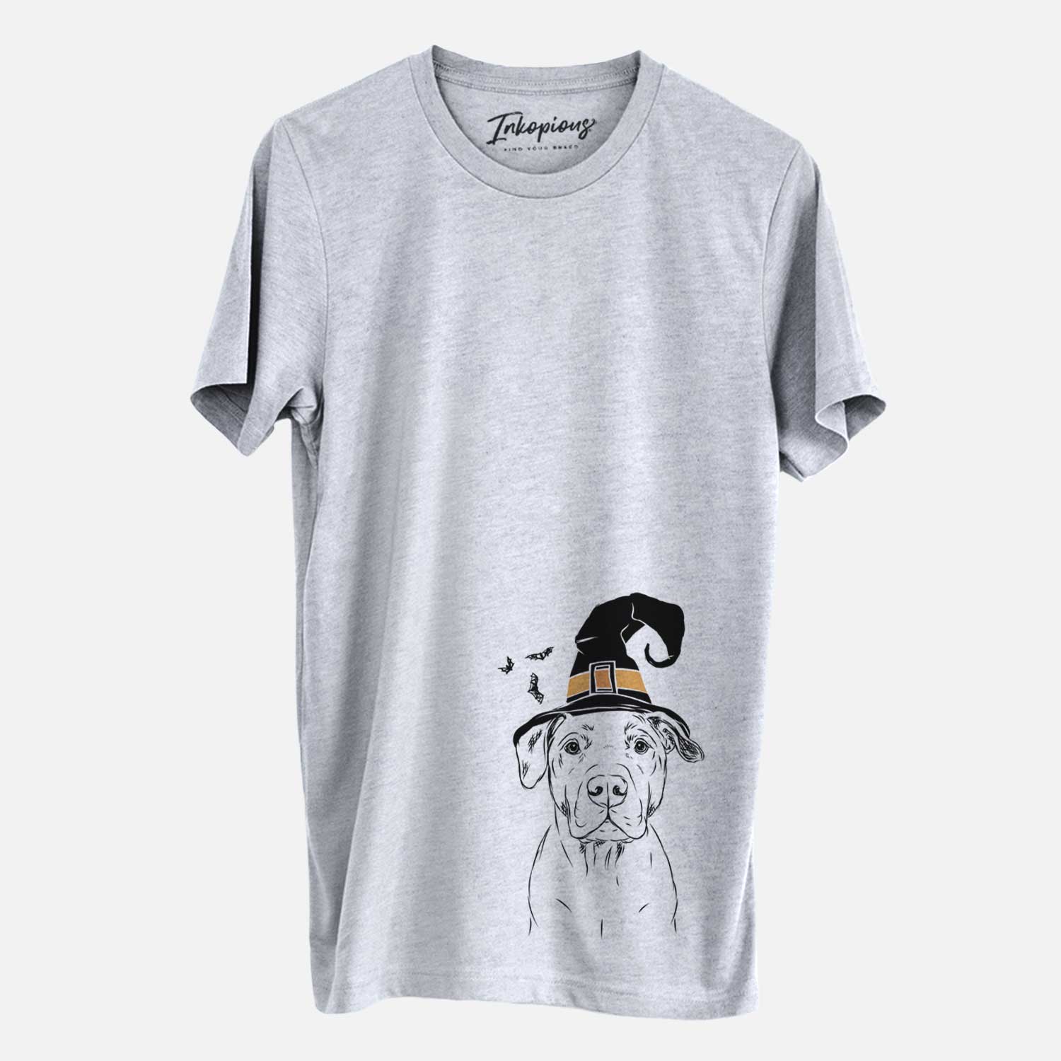 Hand-drawn sketch of Kadin the Pitbull wearing a witch hat on a Grey Unisex crewneck
