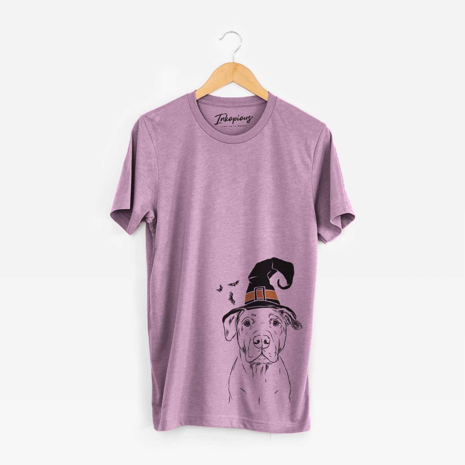 Hand-drawn sketch of Kadin the Pitbull wearing a witch hat on an Orchid Unisex crewneck