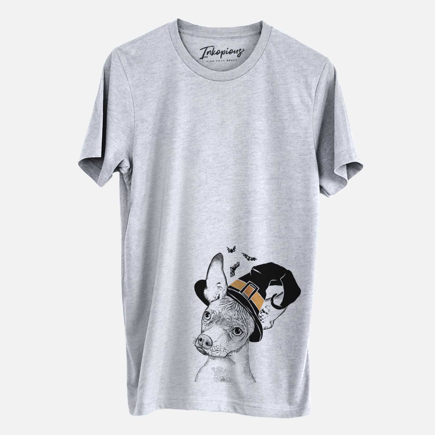 Hand-drawn sketch of Kahlo the Xoloitzcuintli wearing a witch hat on a Grey Unisex crewneck
