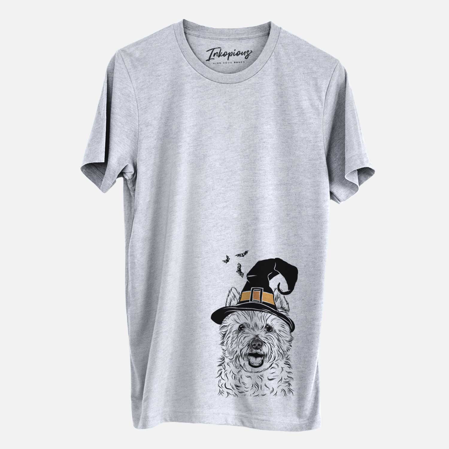 Hand-drawn sketch of Kami the West Highland Terrier wearing a witch hat on a Grey Unisex crewneck