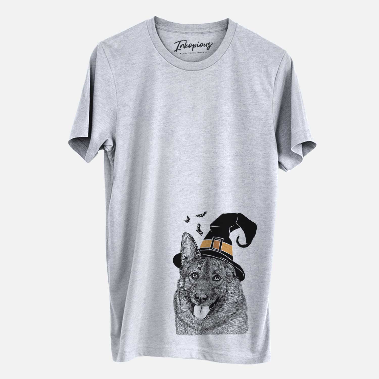 Hand-drawn sketch of Kasia the Norwegian Elkhound wearing a witch hat on a Grey Unisex crewneck