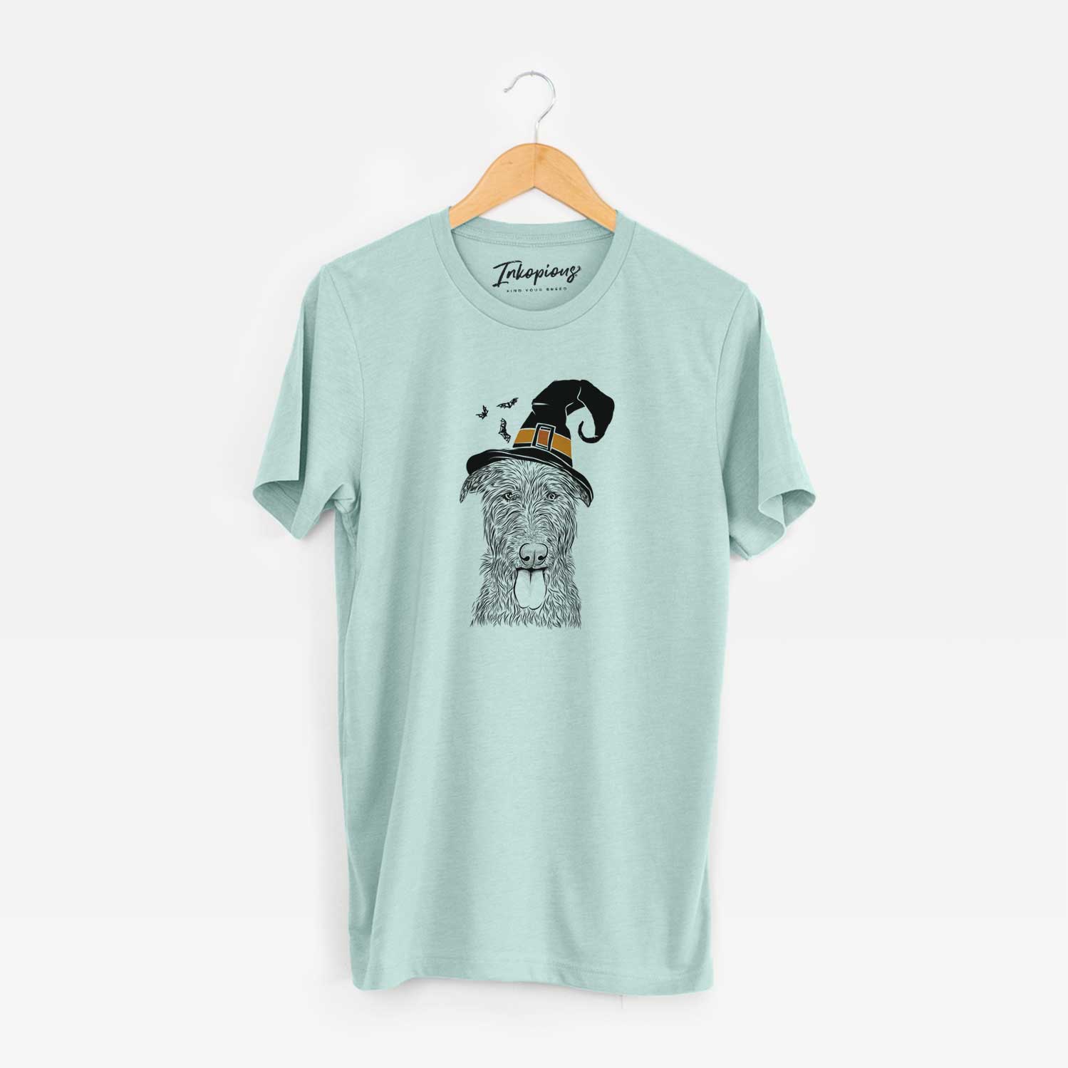 Hand-drawn sketch of Keeva the Irish Wolfhound wearing a witch hat on a Heather Sage Unisex crewneck