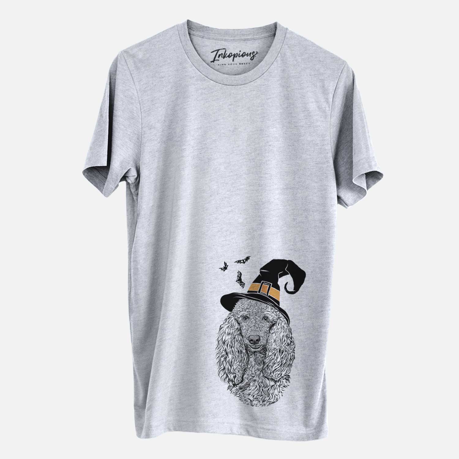 Hand-drawn sketch of Kenna the Standard Poodle wearing a witch hat on a Grey Unisex crewneck