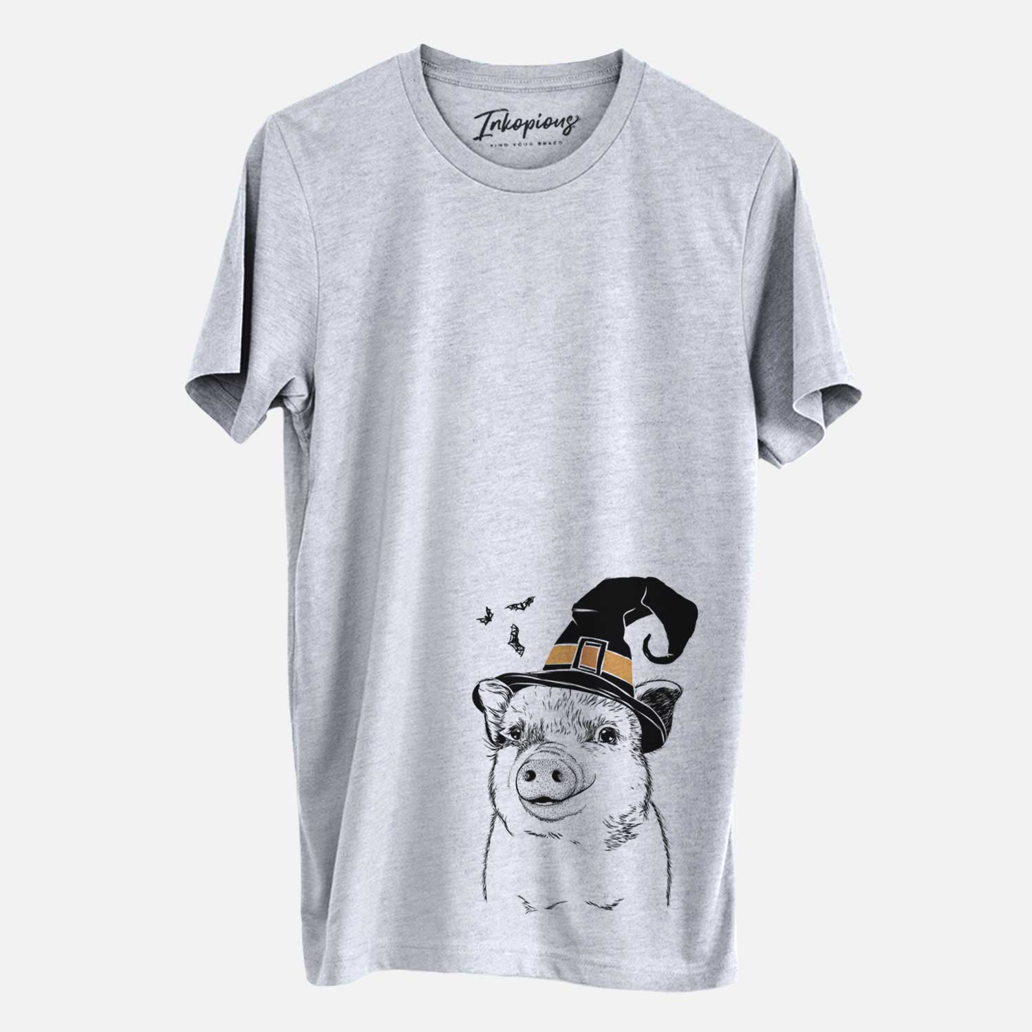 Hand-drawn sketch of Kevin the Spotted Pig wearing a witch hat on a Grey Unisex crewneck
